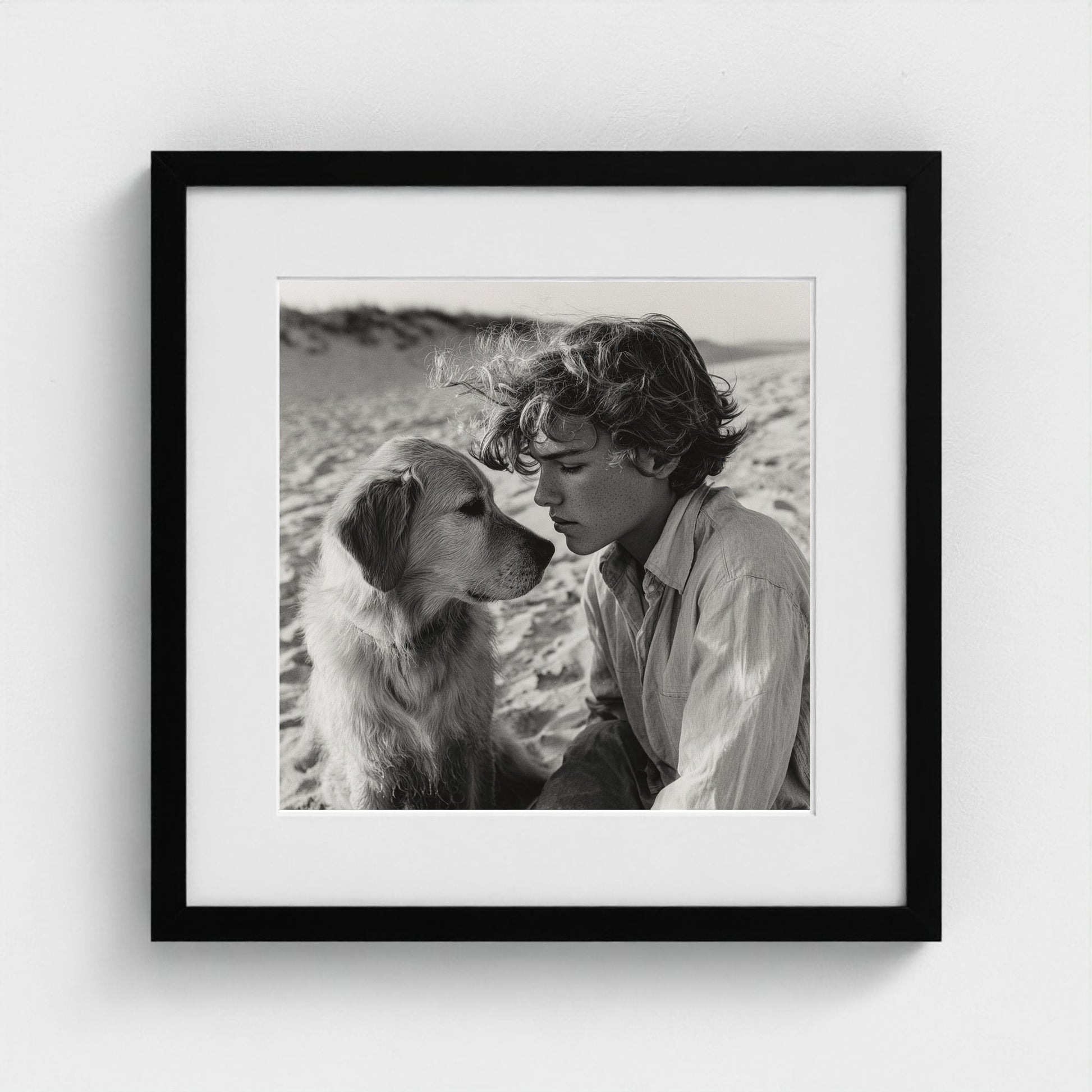black-and-white-dog-portrait-on-sandy-beach-cine 16x16-black frame frame