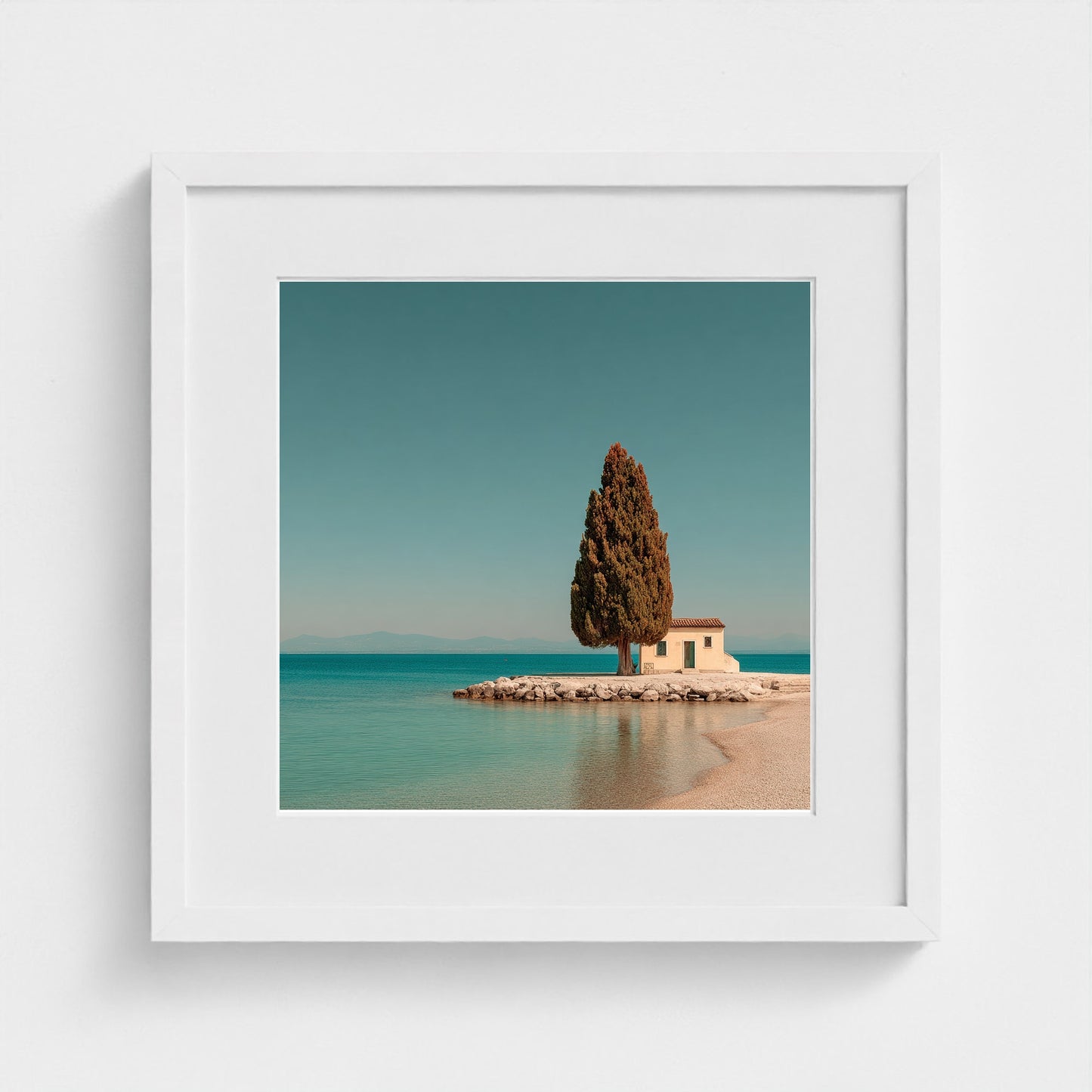 single-italian-cypress-on-a-small-promontory-lak 16x16-white frame frame