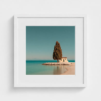 single-italian-cypress-on-a-small-promontory-lak 16x16-white frame frame
