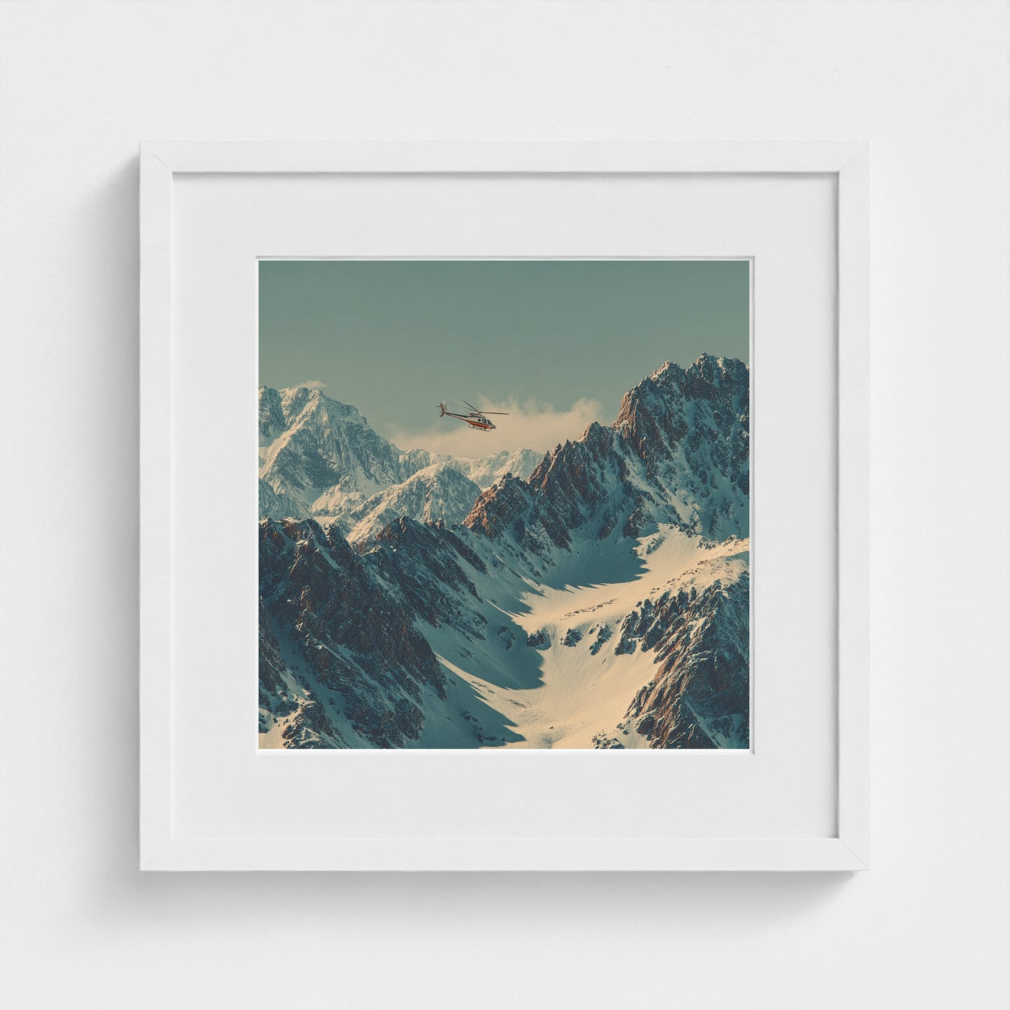 helicopter-in-colorodo-mountains-skiing-60s-retr 16x16-white frame frame