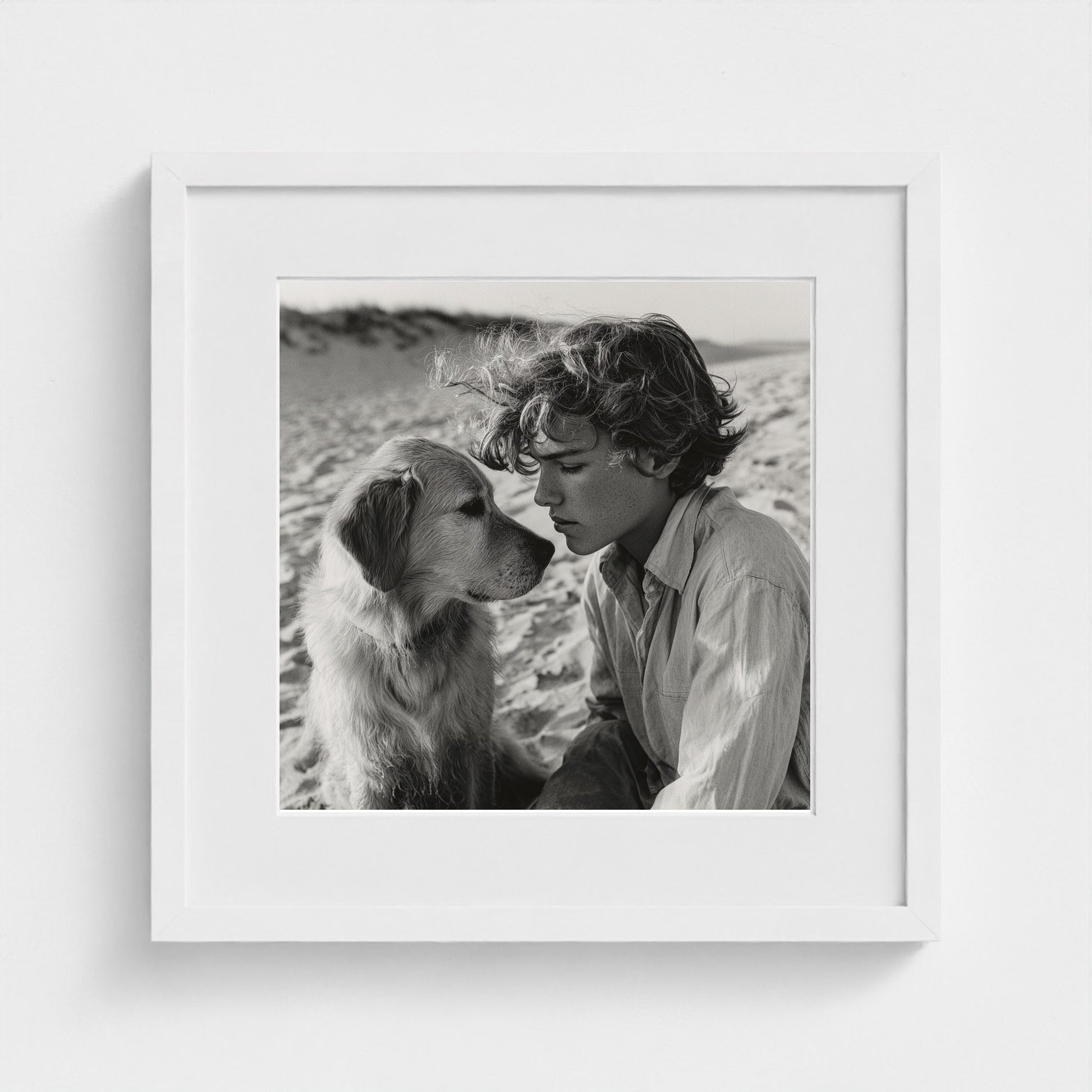 black-and-white-dog-portrait-on-sandy-beach-cine 16x16-white frame frame