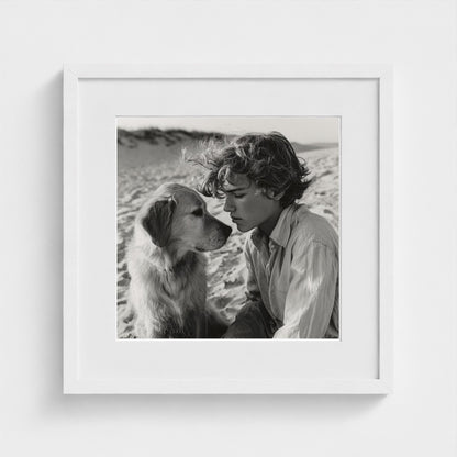 black-and-white-dog-portrait-on-sandy-beach-cine 16x16-white frame frame
