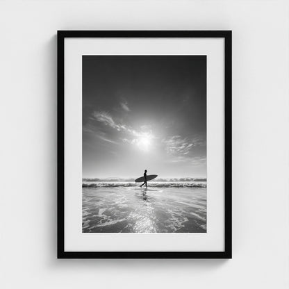 black-and-white-gallery-print-of-surfer-carrying 18x24-black frame frame