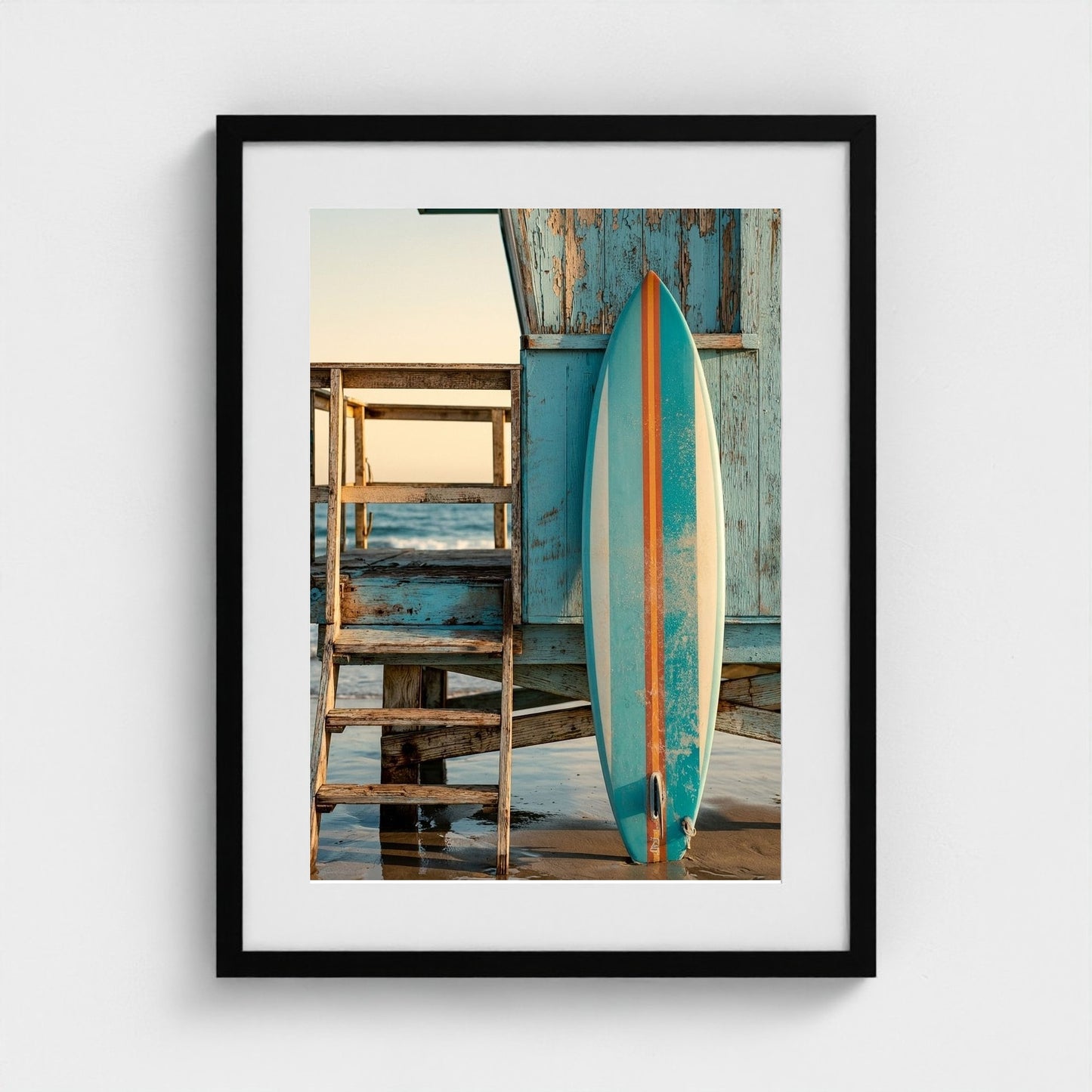 aqua-blue-surfboard-with-1960s-stripes-leaning-o 18x24-black frame frame