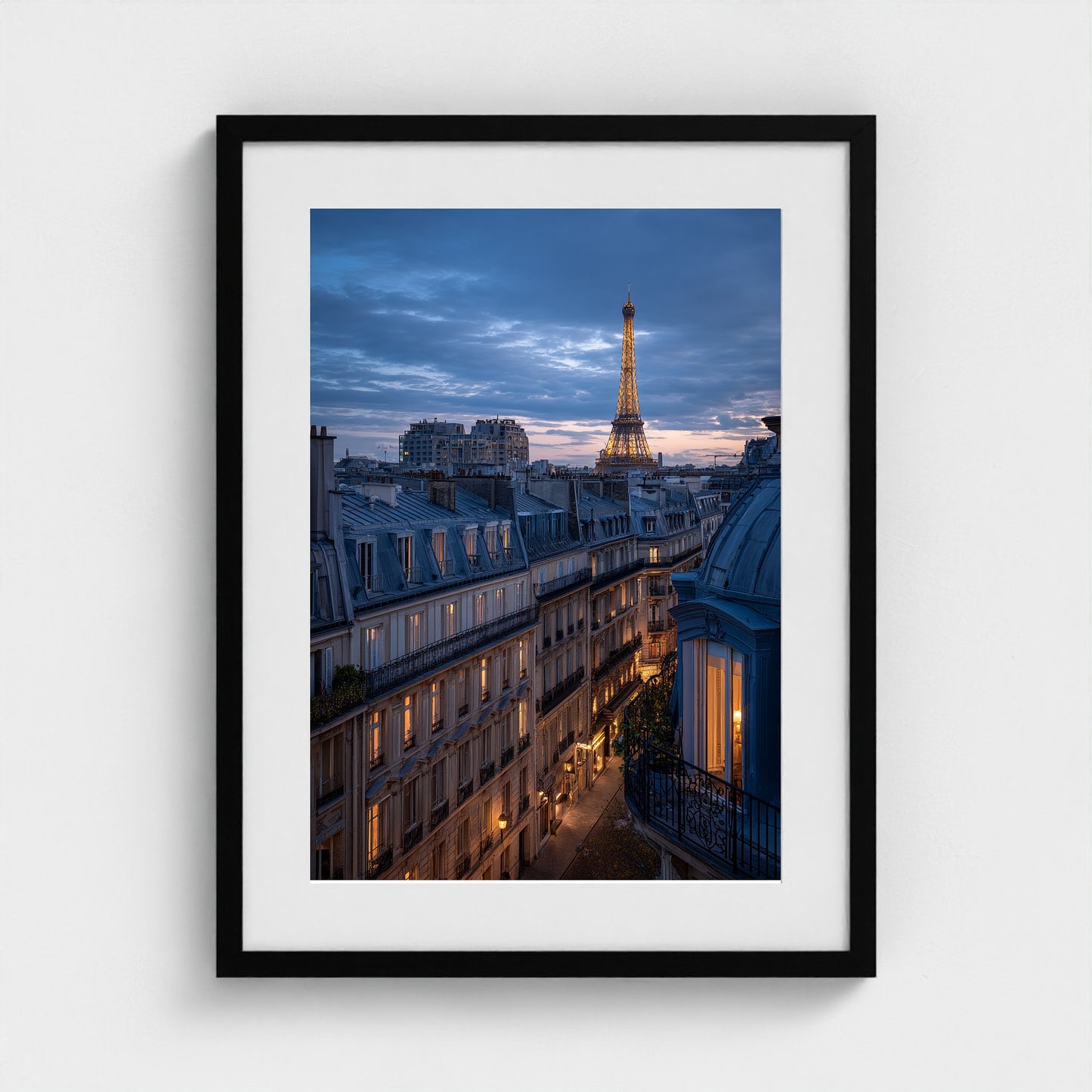 parisian-zinc-rooftops-at-blue-hour-distant-towe 18x24-black frame frame