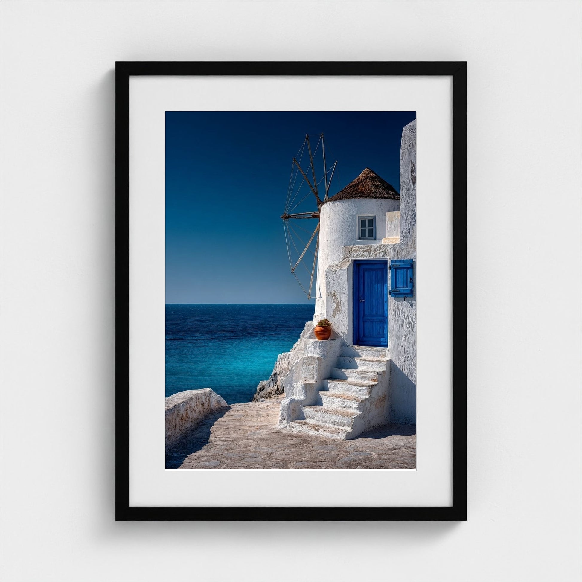 white-cycladic-windmill-with-cobalt-accents-agai 18x24-black frame frame