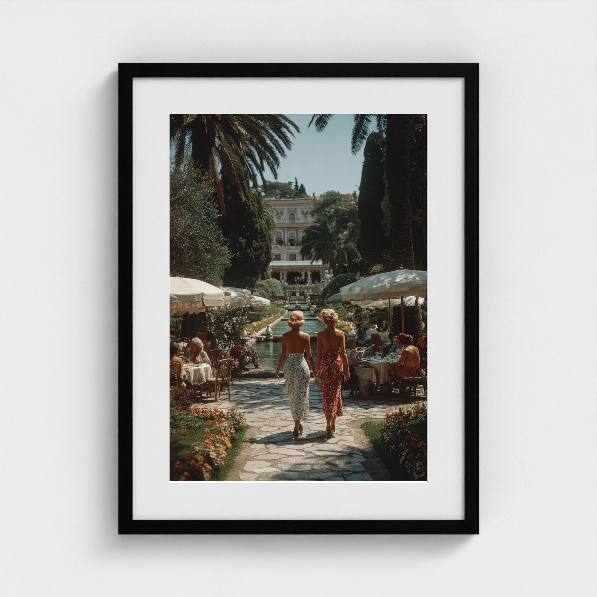 sunlit-italian-villa-garden-fashionable-women-in 18x24-black frame frame