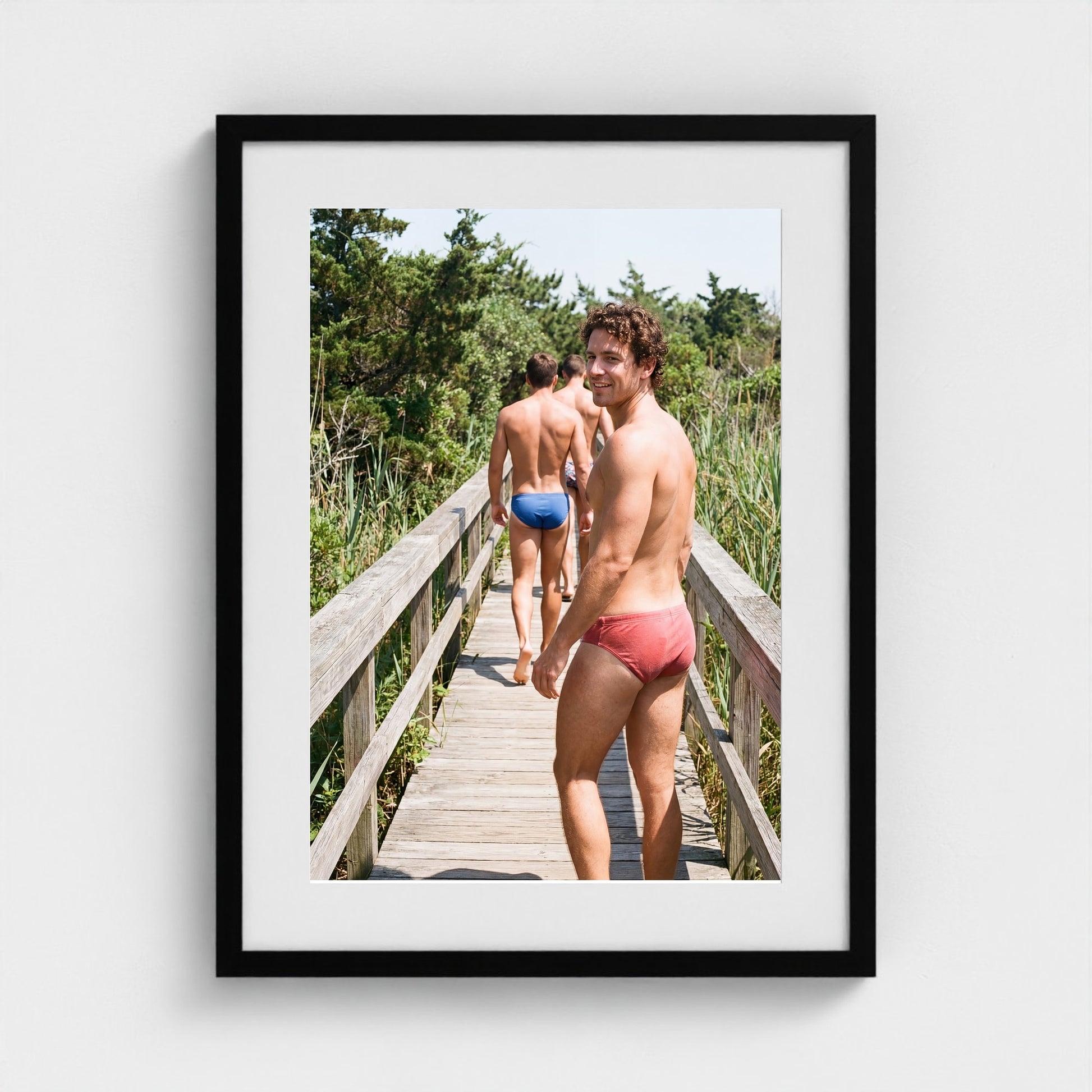 2026 03 12 20 26 00 Boardwalk Three Men 18x24-black frame — Fire Island Modern