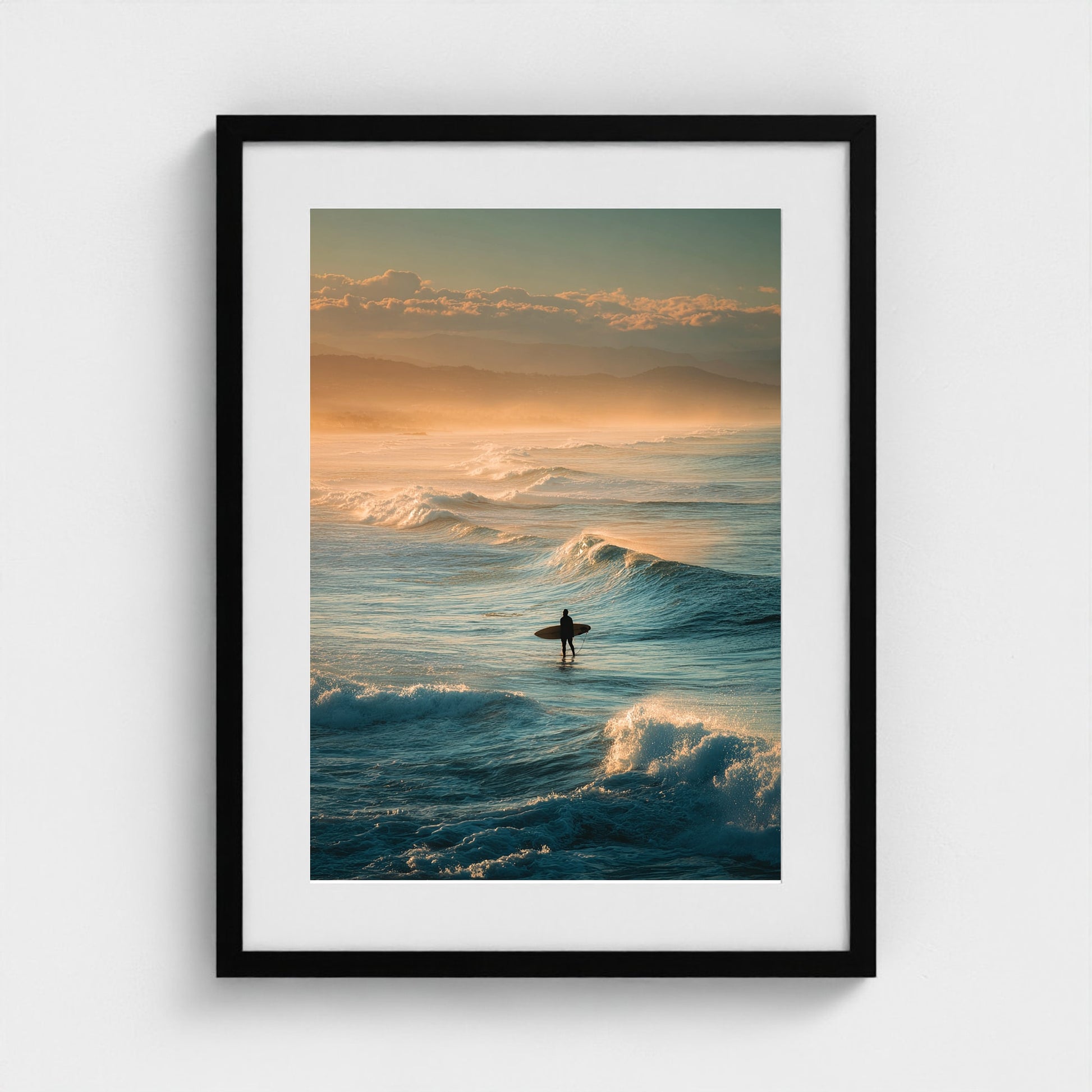 lone-surfer-silhouette-waiting-for-a-wave-golden 18x24-black frame frame