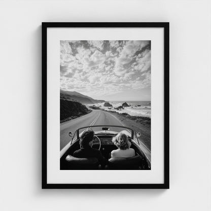 candid-couple-driving-vintage-convertible-along 18x24-black frame frame