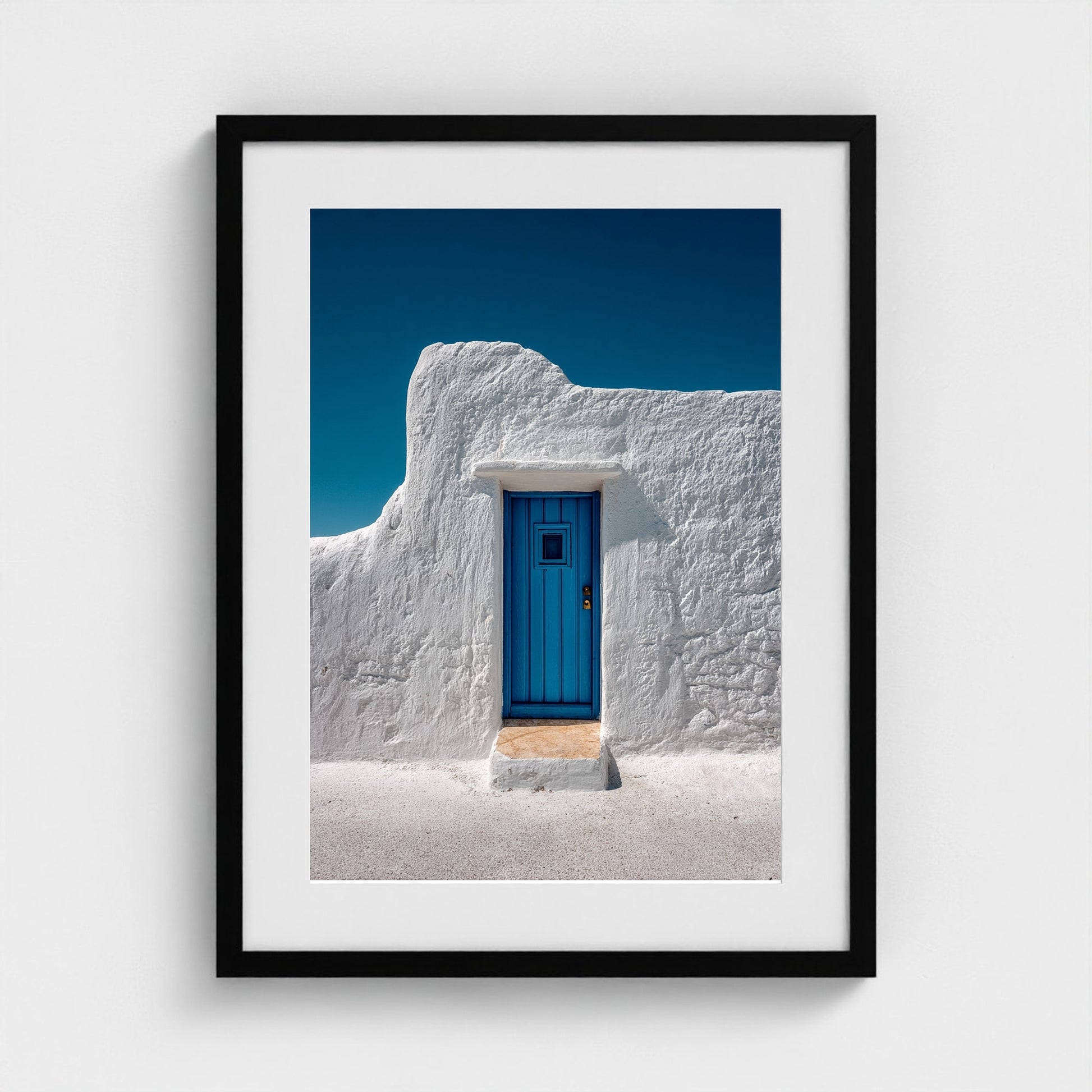 single-cycladic-blue-door-set-in-smooth-white-pl 18x24-black frame frame