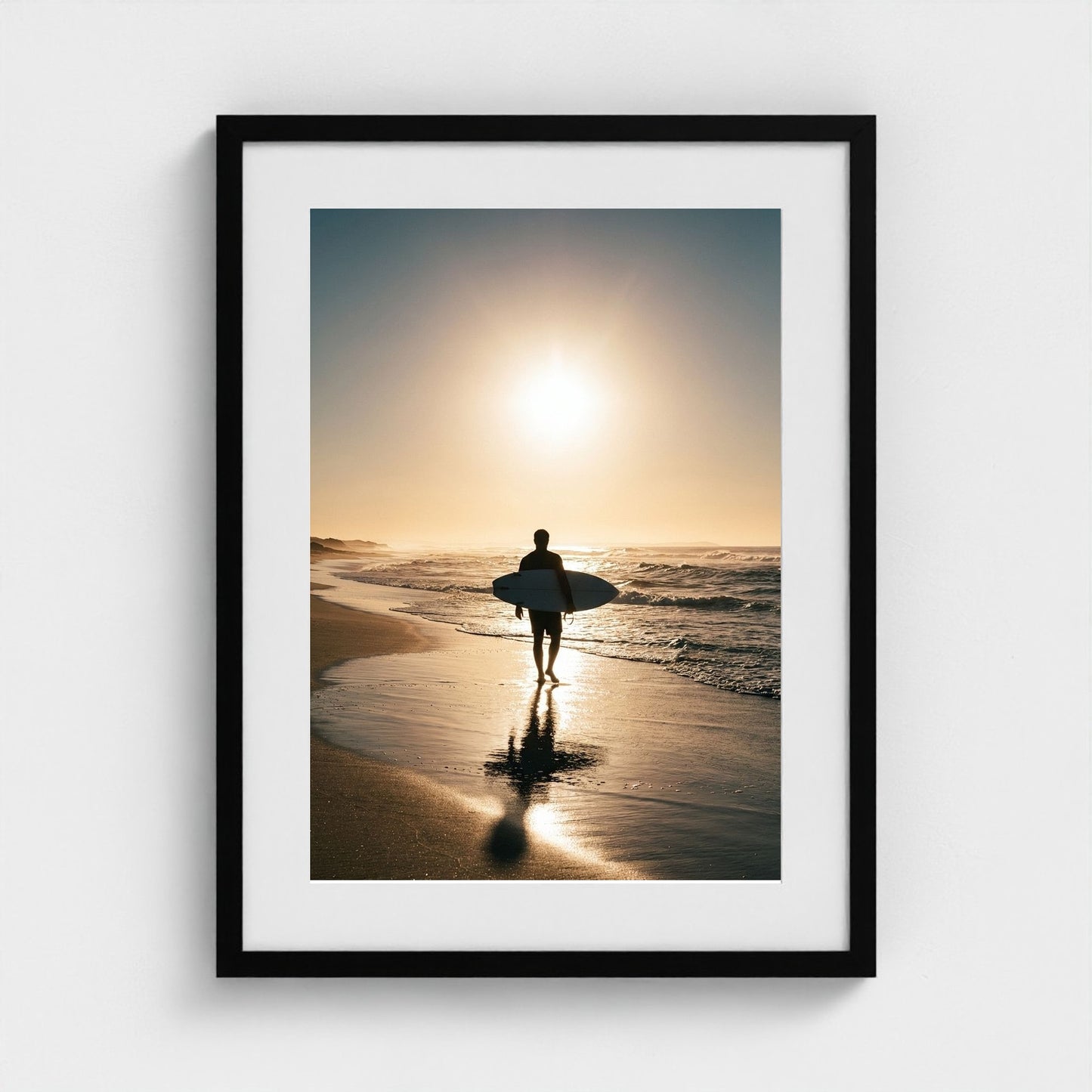 lone-longboarder-walking-across-sunlit-beach-cin 18x24-black frame frame