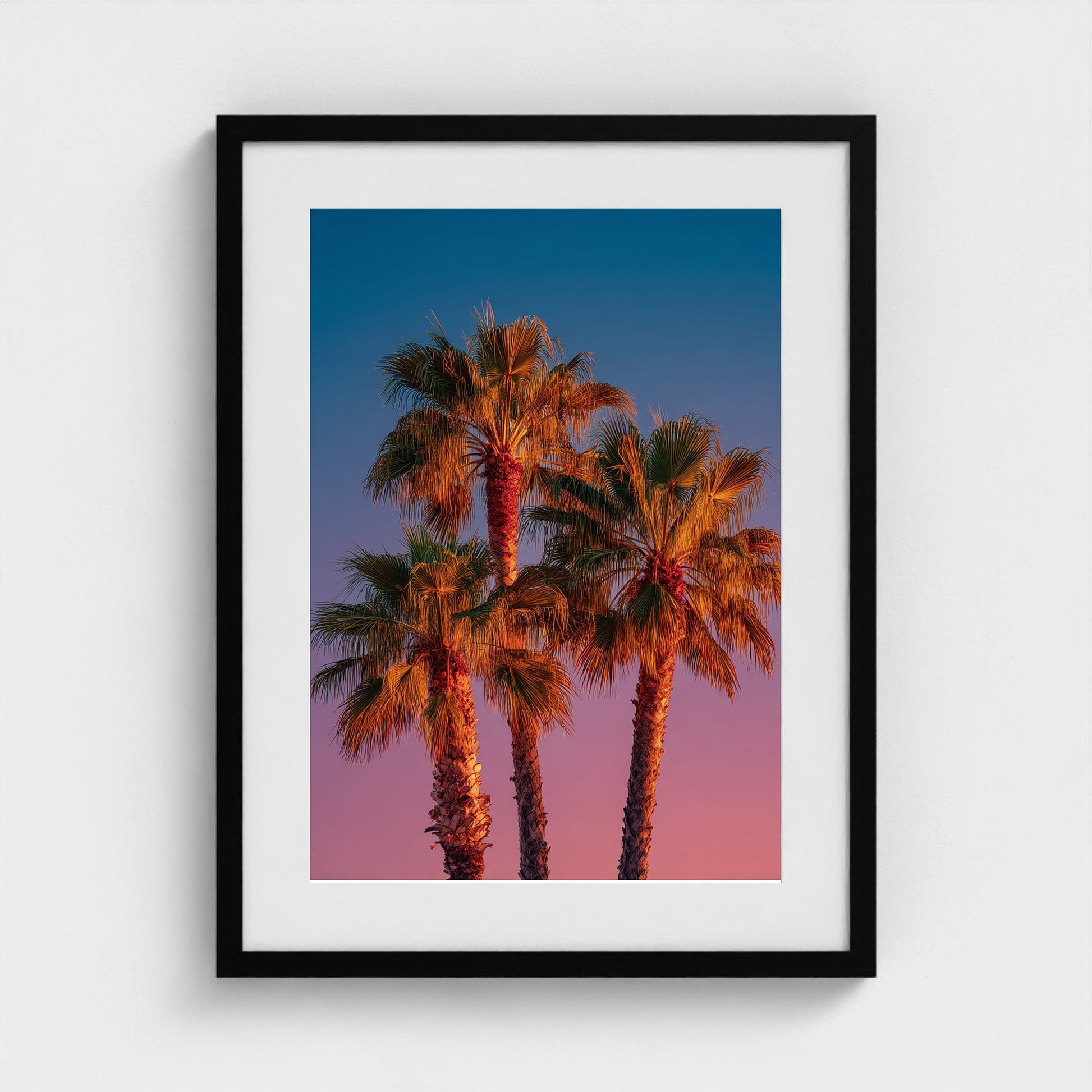 palm-trees-against-sunset-gradient-sky-minimal-f 18x24-black frame frame