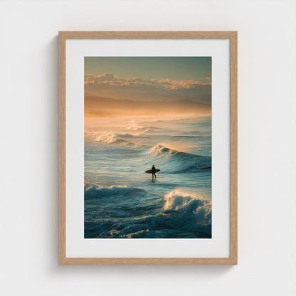 lone-surfer-silhouette-waiting-for-a-wave-golden 18x24-natural frame frame