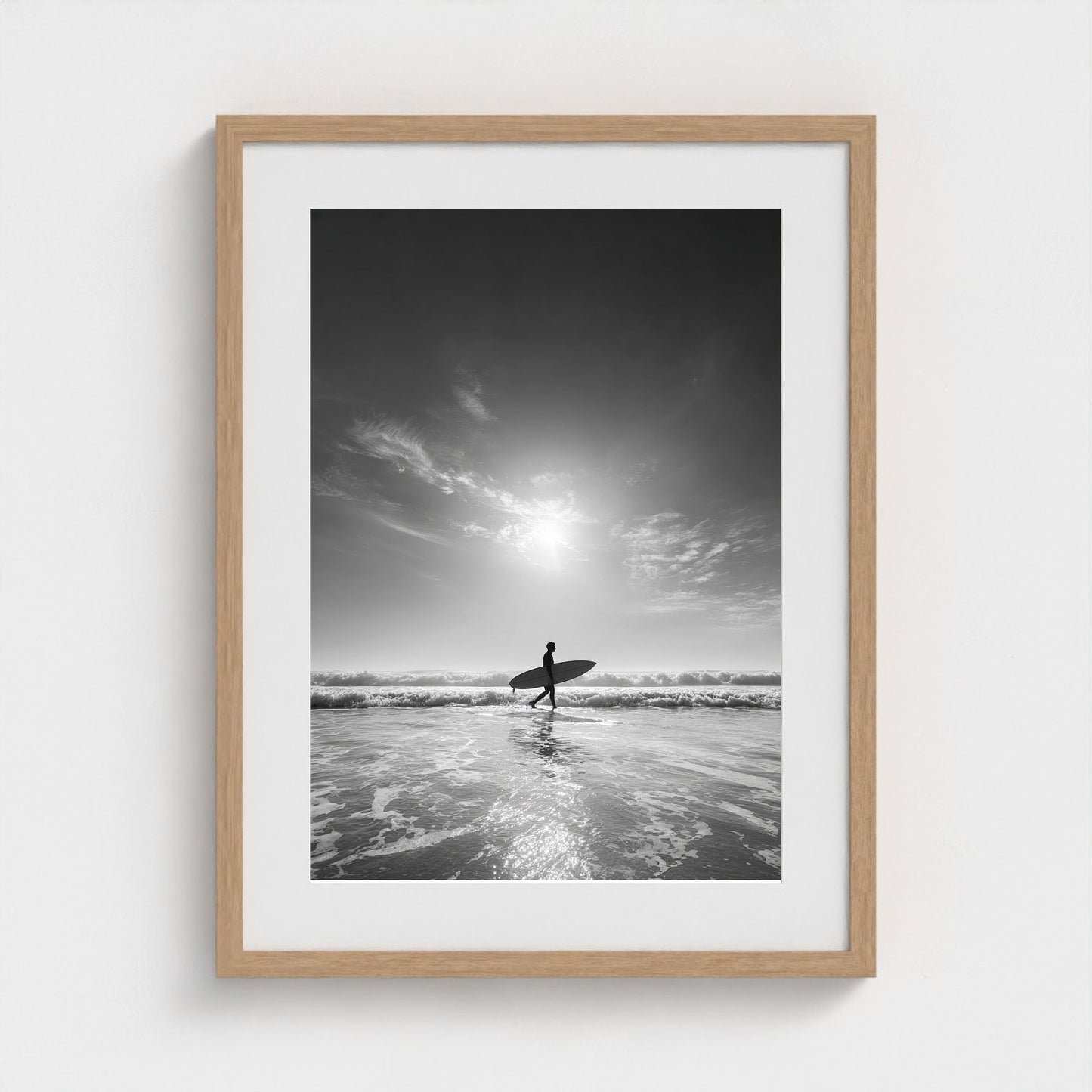 black-and-white-gallery-print-of-surfer-carrying 18x24-natural frame frame