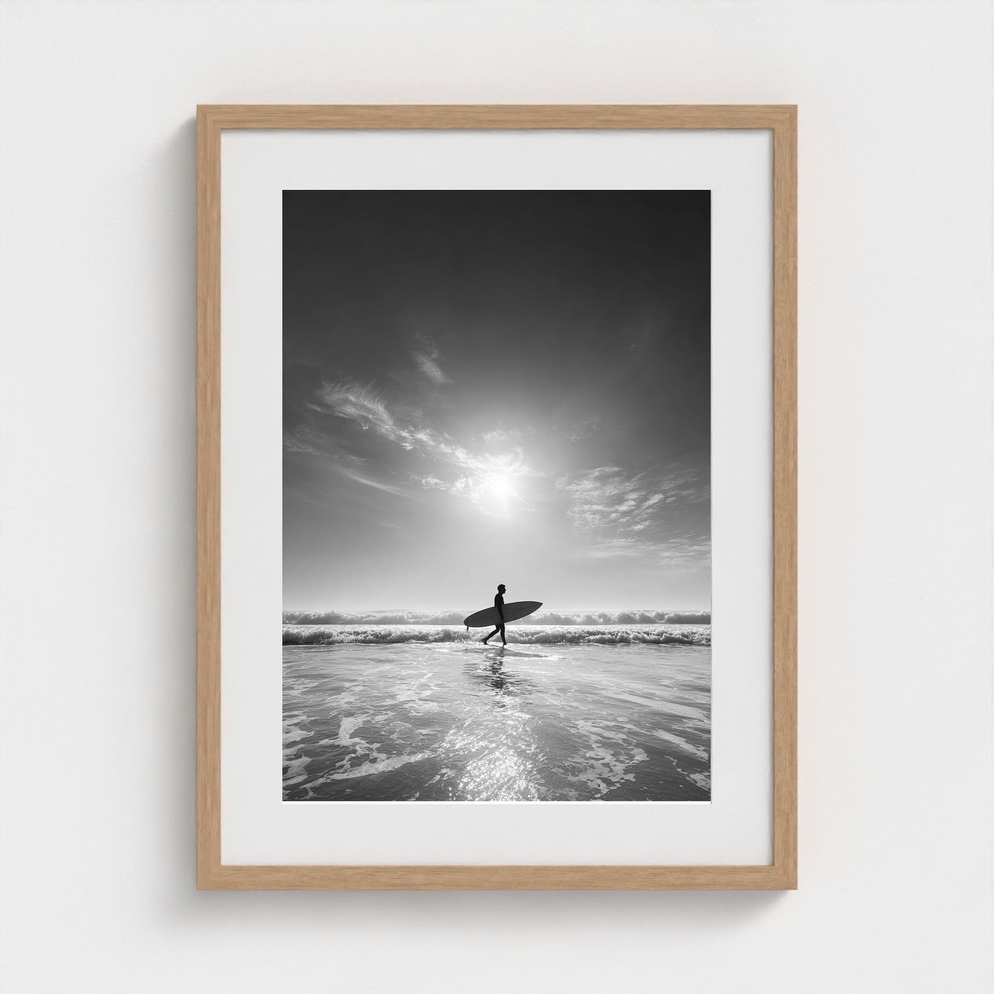 black-and-white-gallery-print-of-surfer-carrying 18x24-natural frame frame