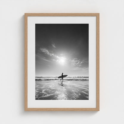 black-and-white-gallery-print-of-surfer-carrying 18x24-natural frame frame