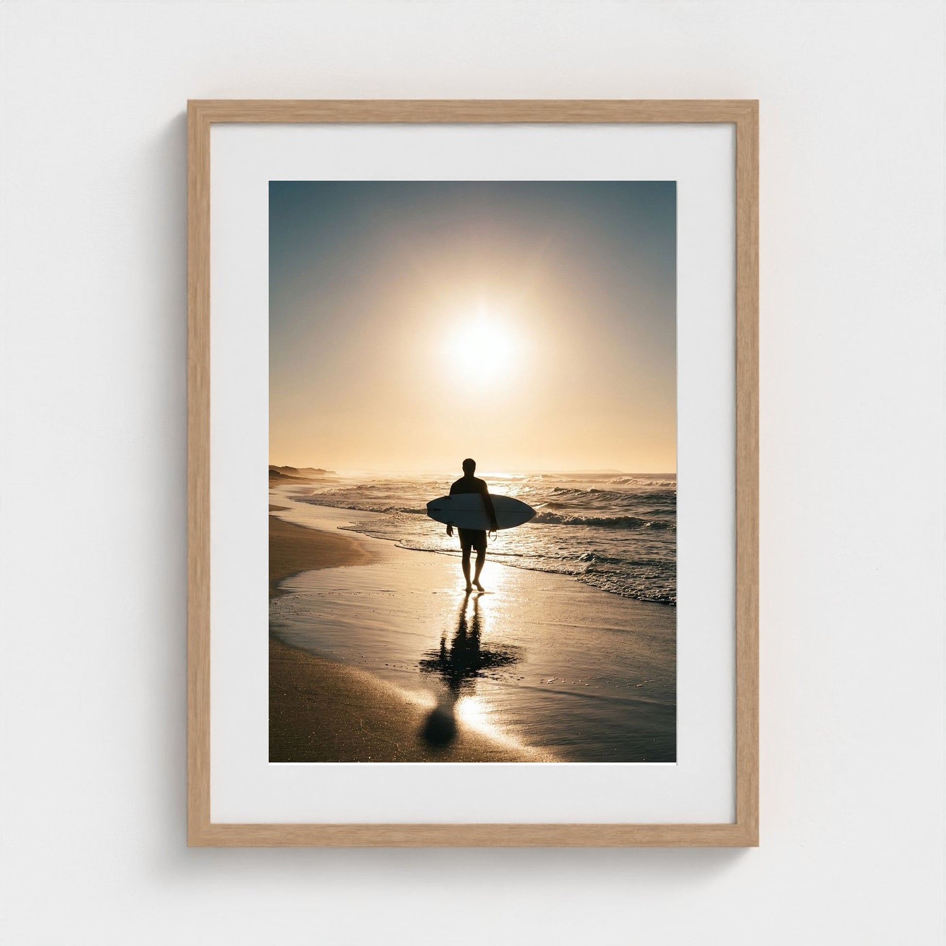 lone-longboarder-walking-across-sunlit-beach-cin 18x24-natural frame frame