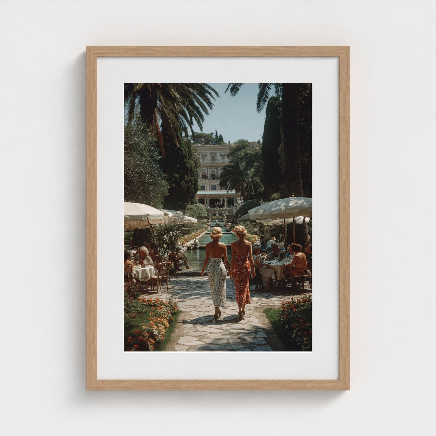 sunlit-italian-villa-garden-fashionable-women-in 18x24-natural frame frame