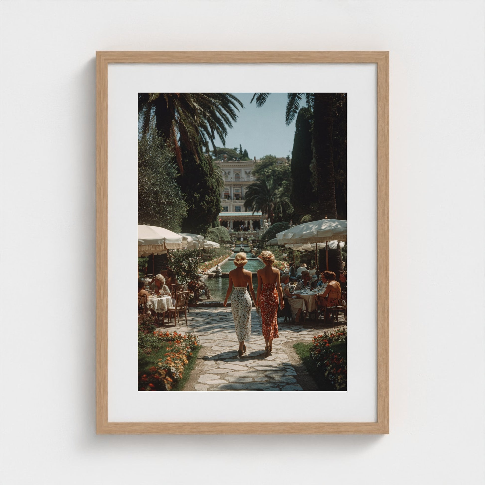 sunlit-italian-villa-garden-fashionable-women-in 18x24-natural frame frame