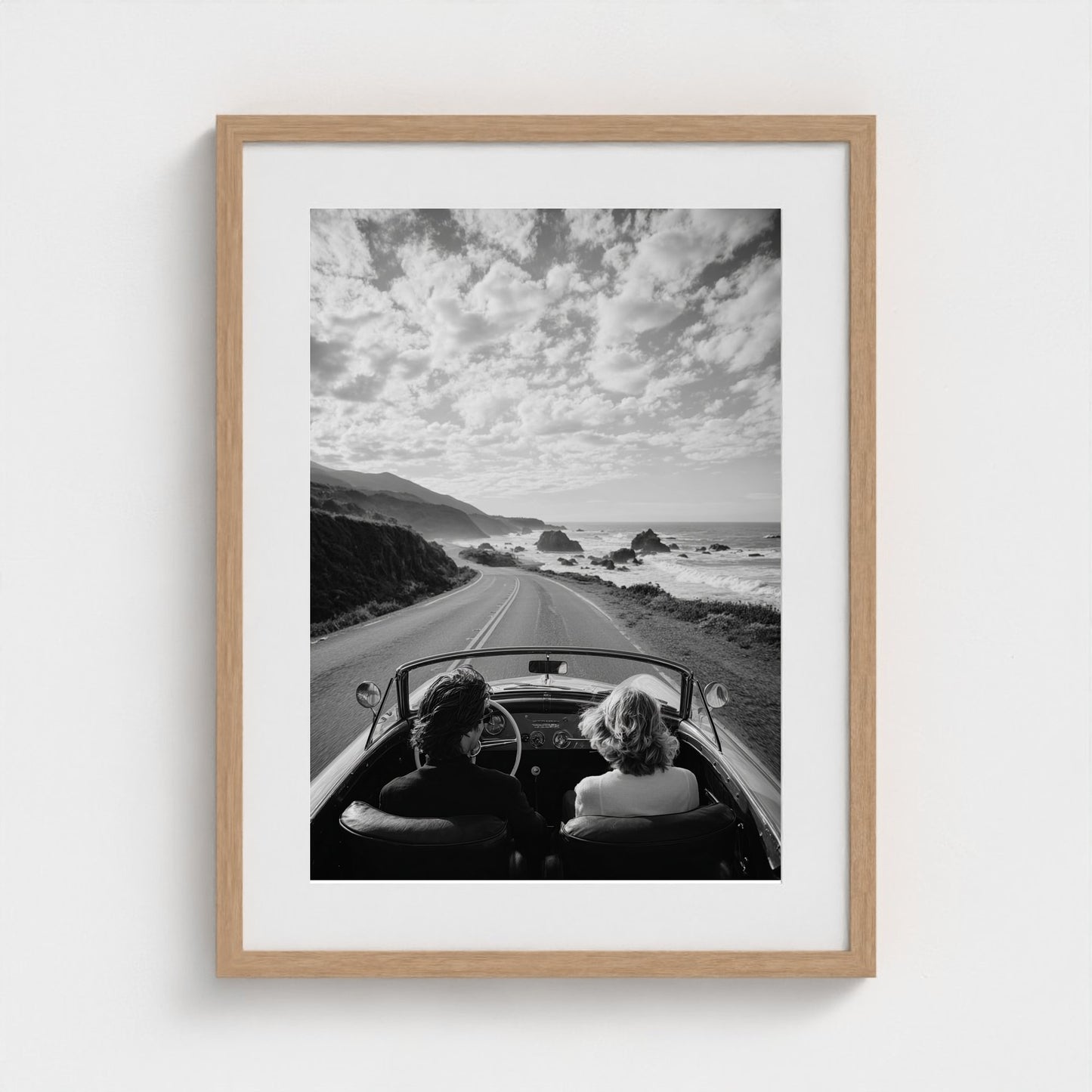 candid-couple-driving-vintage-convertible-along 18x24-natural frame frame