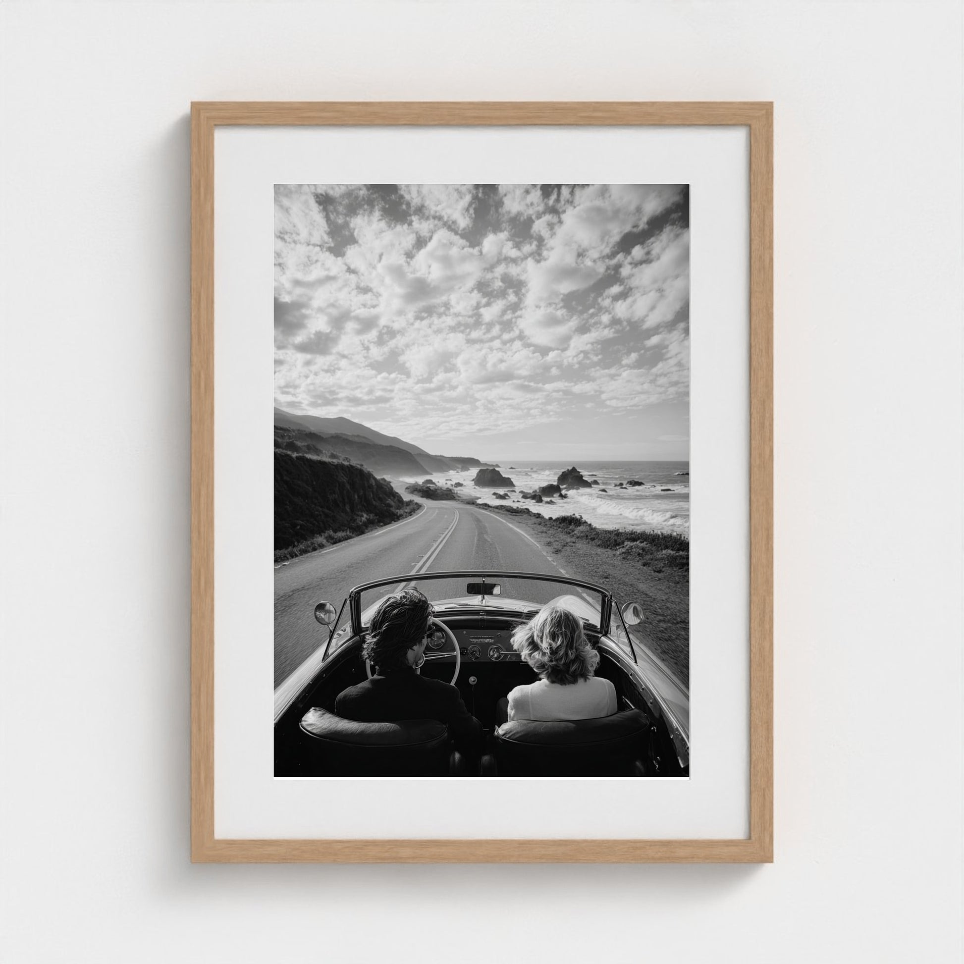 candid-couple-driving-vintage-convertible-along 18x24-natural frame frame