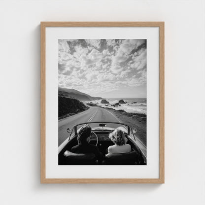 candid-couple-driving-vintage-convertible-along 18x24-natural frame frame