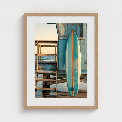 aqua-blue-surfboard-with-1960s-stripes-leaning-o 18x24-natural frame frame