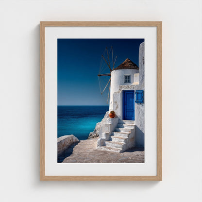 white-cycladic-windmill-with-cobalt-accents-agai 18x24-natural frame frame