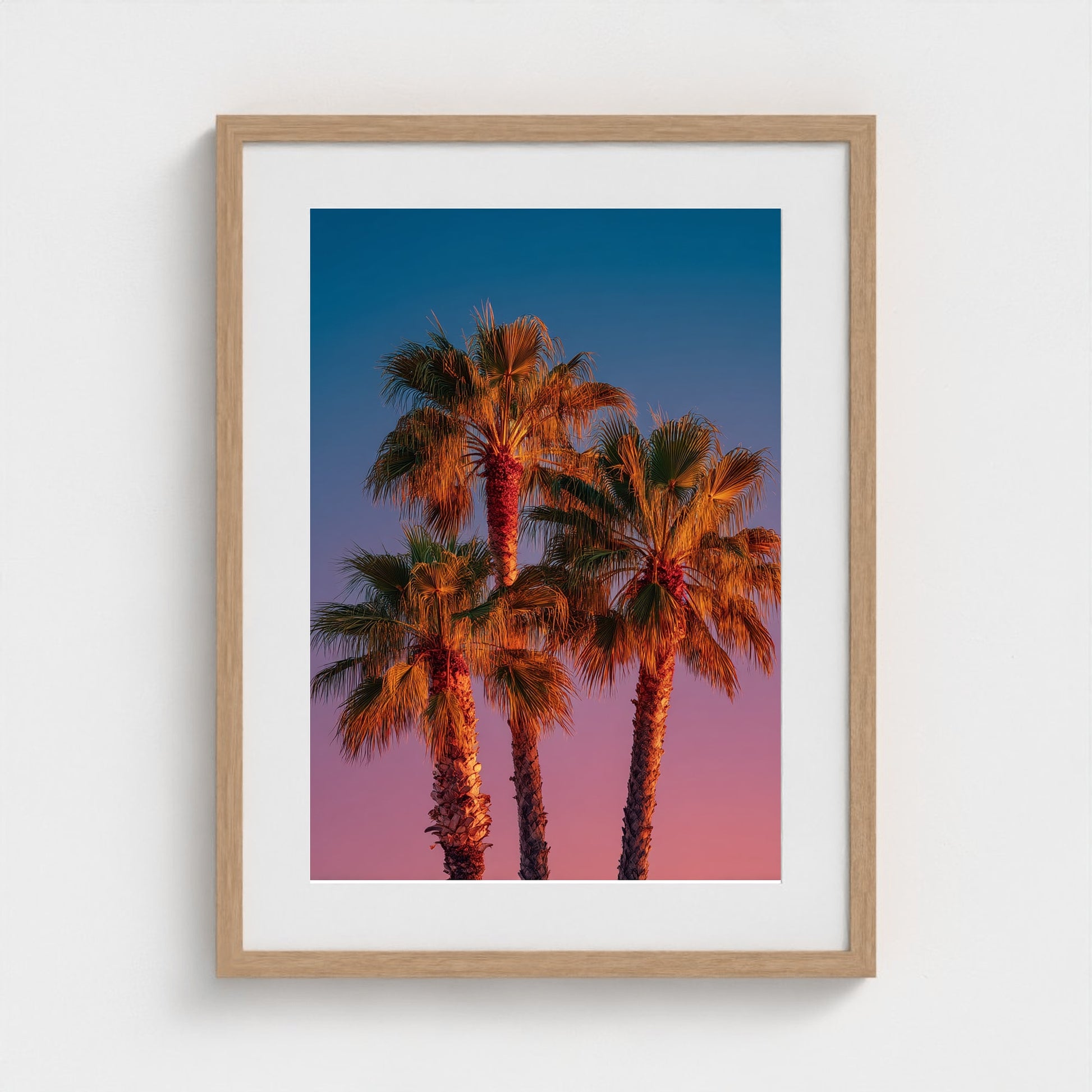 palm-trees-against-sunset-gradient-sky-minimal-f 18x24-natural frame frame