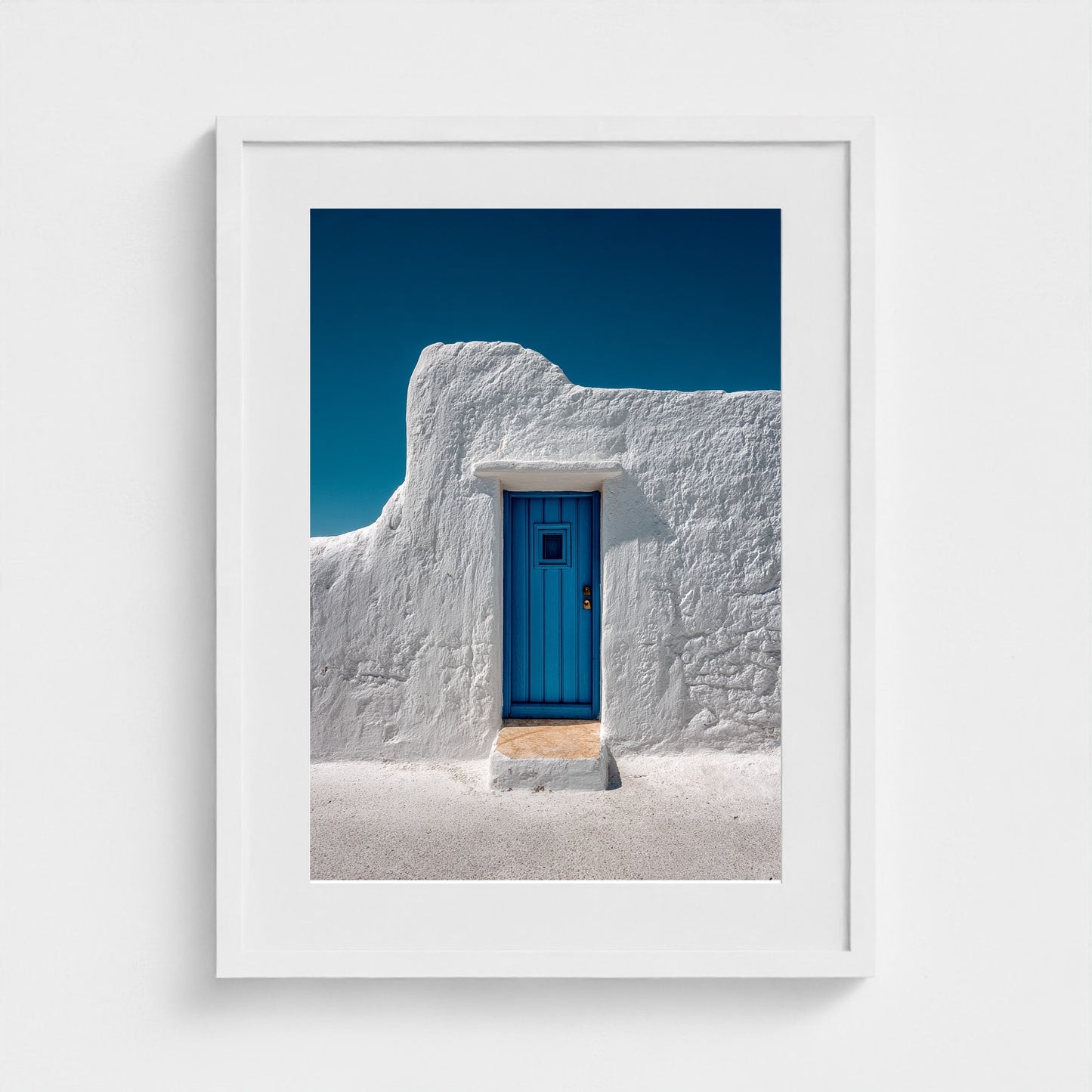 single-cycladic-blue-door-set-in-smooth-white-pl 18x24-white frame frame