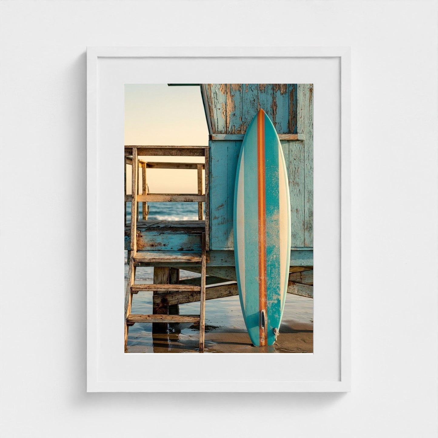 aqua-blue-surfboard-with-1960s-stripes-leaning-o 18x24-white frame frame