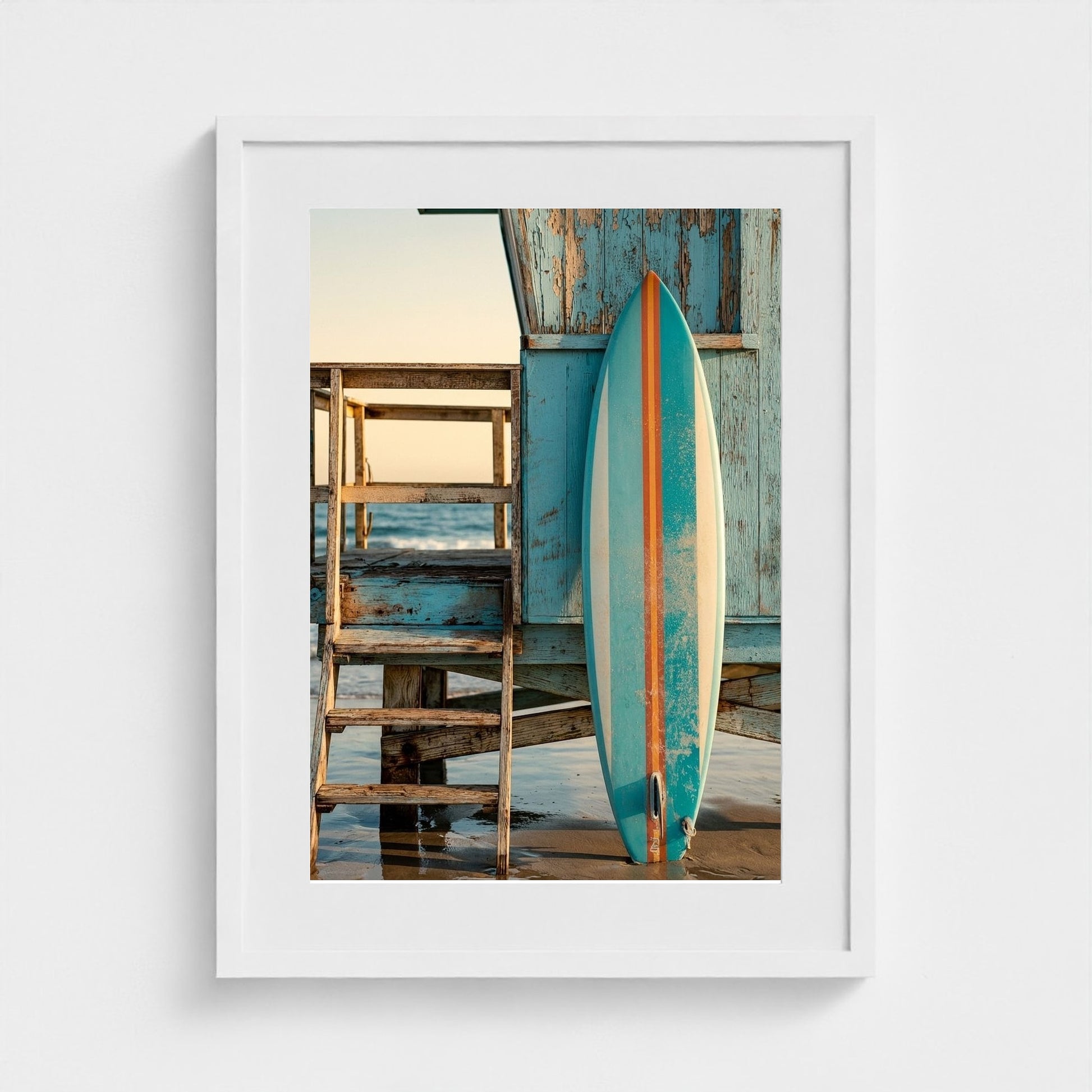 aqua-blue-surfboard-with-1960s-stripes-leaning-o 18x24-white frame frame