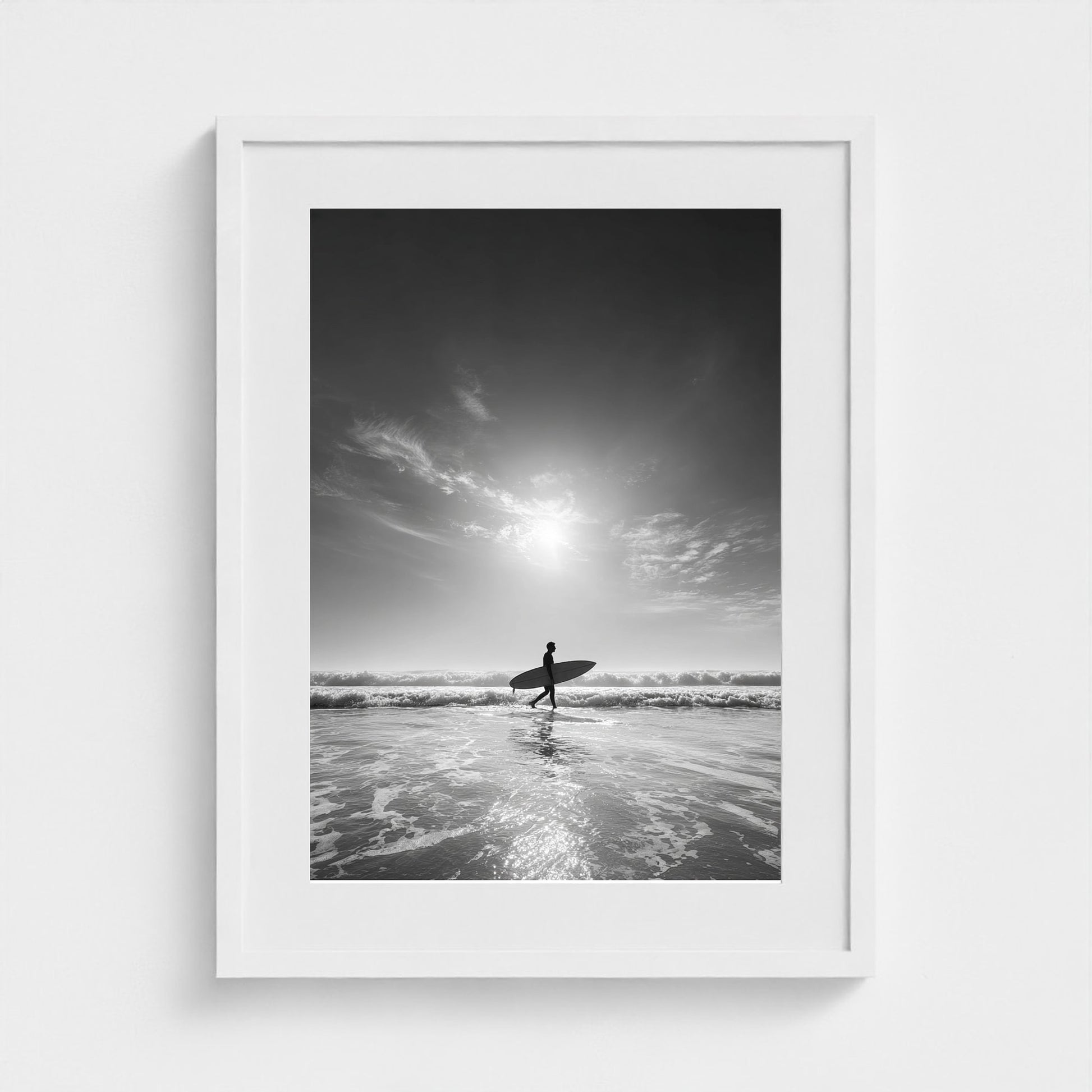 black-and-white-gallery-print-of-surfer-carrying 18x24-white frame frame