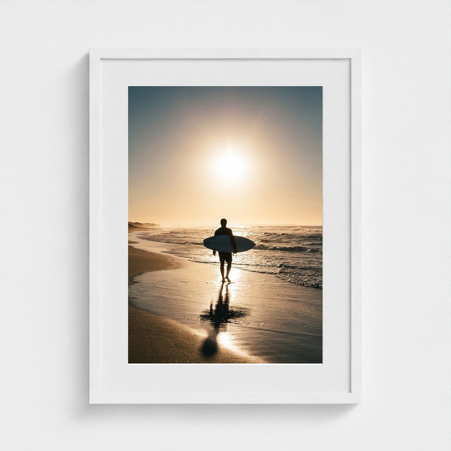 lone-longboarder-walking-across-sunlit-beach-cin 18x24-white frame frame