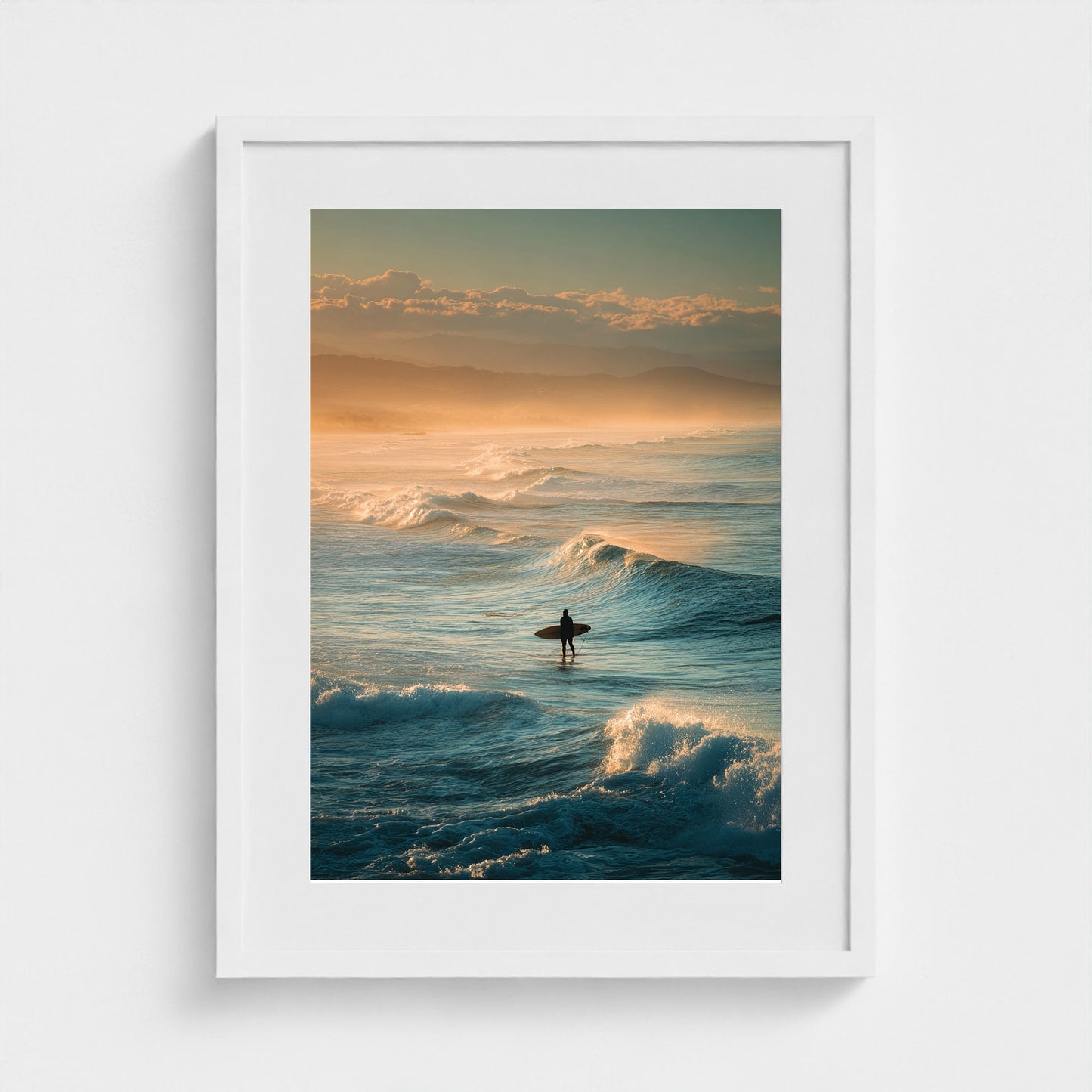 lone-surfer-silhouette-waiting-for-a-wave-golden 18x24-white frame frame