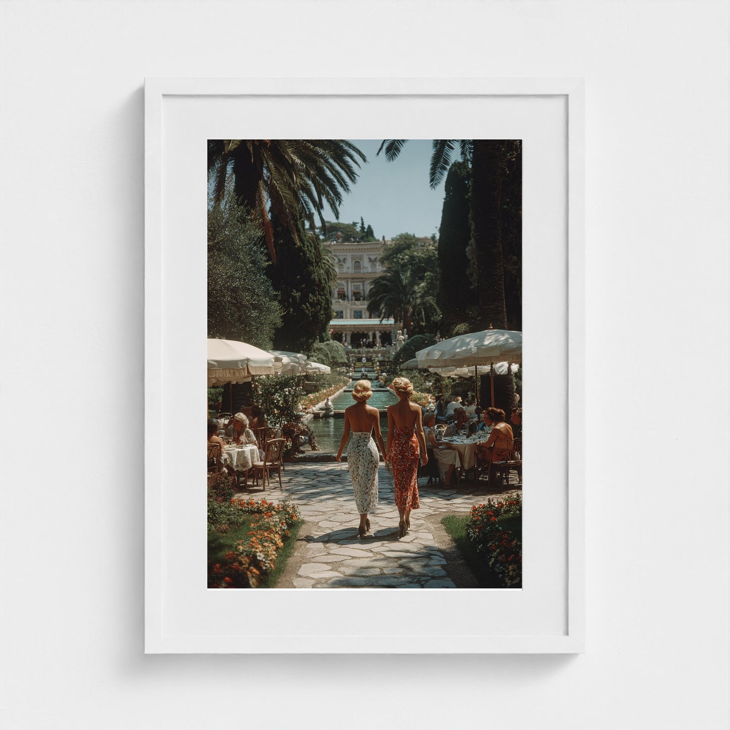 sunlit-italian-villa-garden-fashionable-women-in 18x24-white frame frame