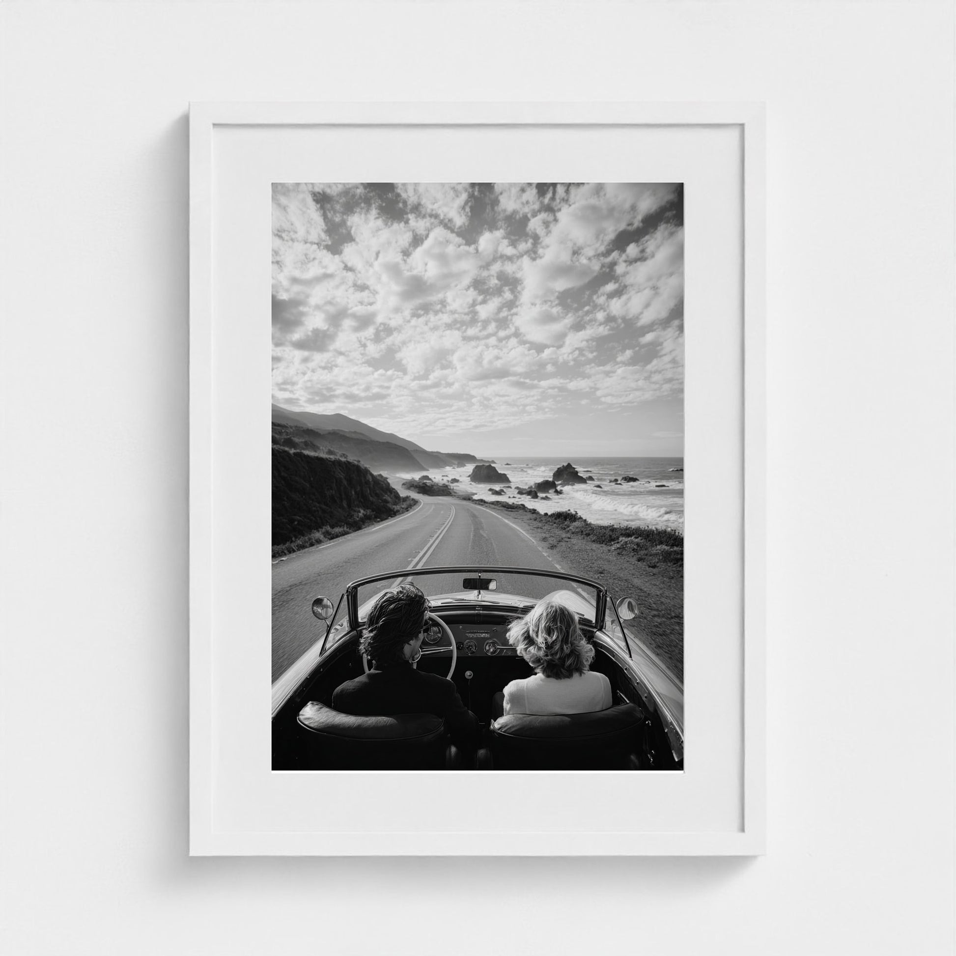 candid-couple-driving-vintage-convertible-along 18x24-white frame frame