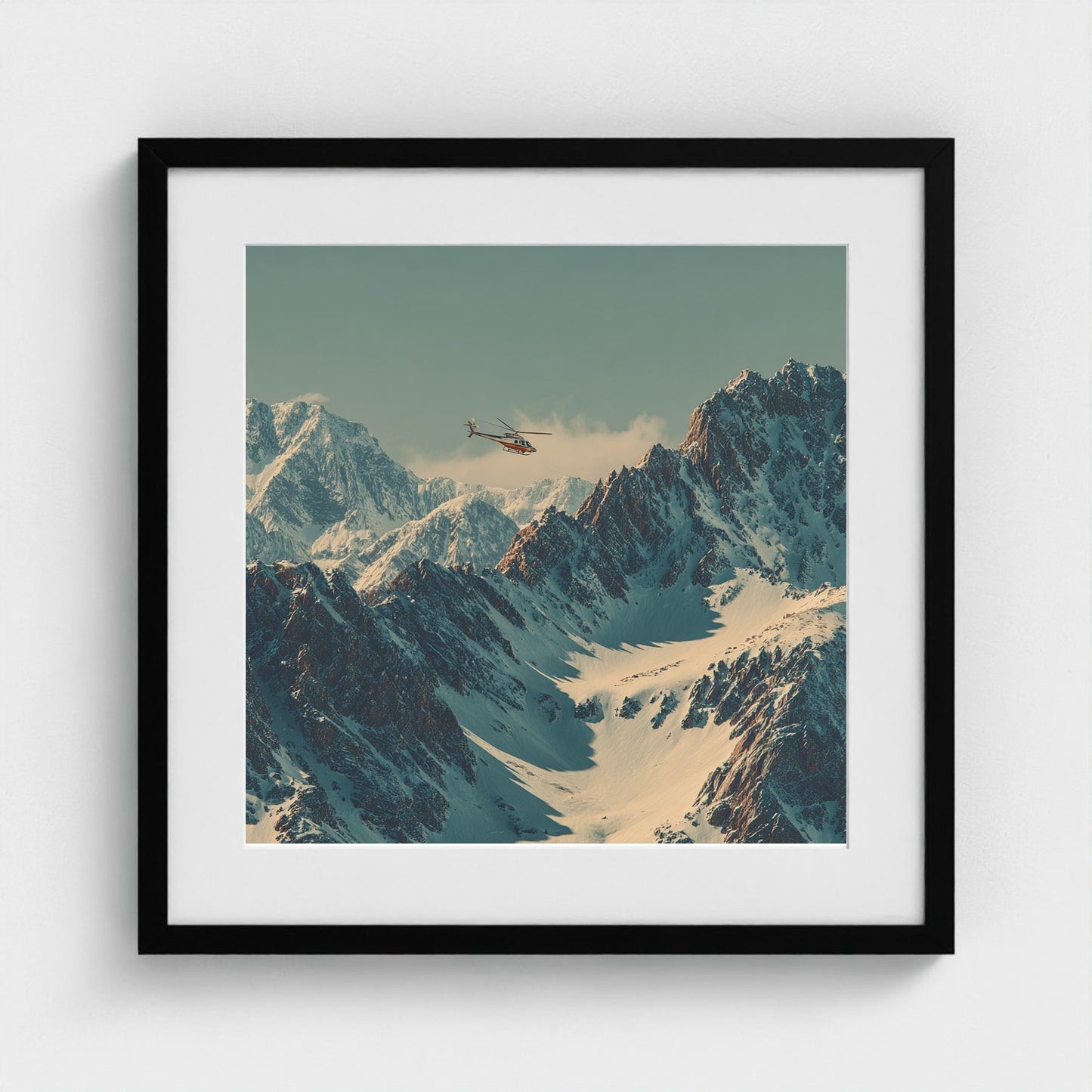 helicopter-in-colorodo-mountains-skiing-60s-retr 20x20-black frame frame