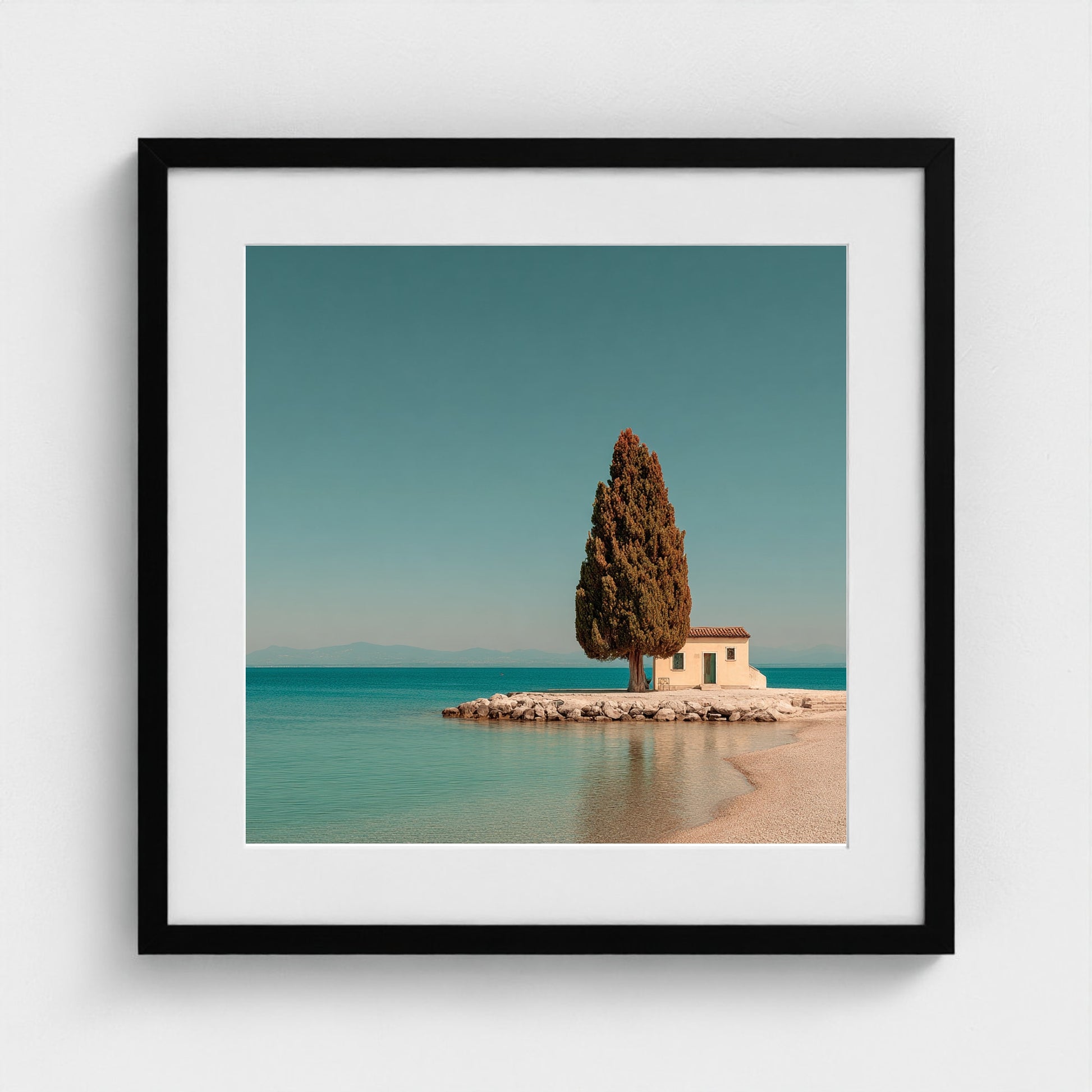 single-italian-cypress-on-a-small-promontory-lak 20x20-black frame frame