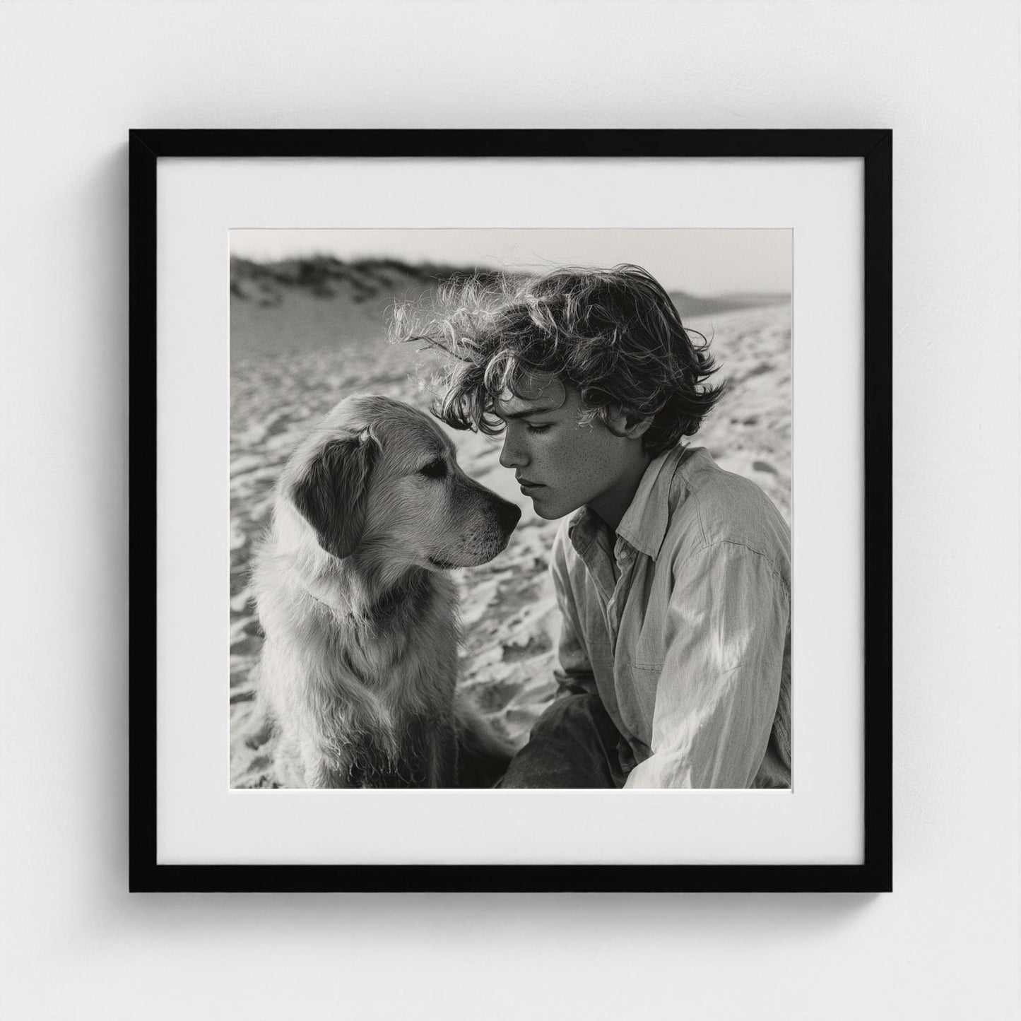 black-and-white-dog-portrait-on-sandy-beach-cine 20x20-black frame frame