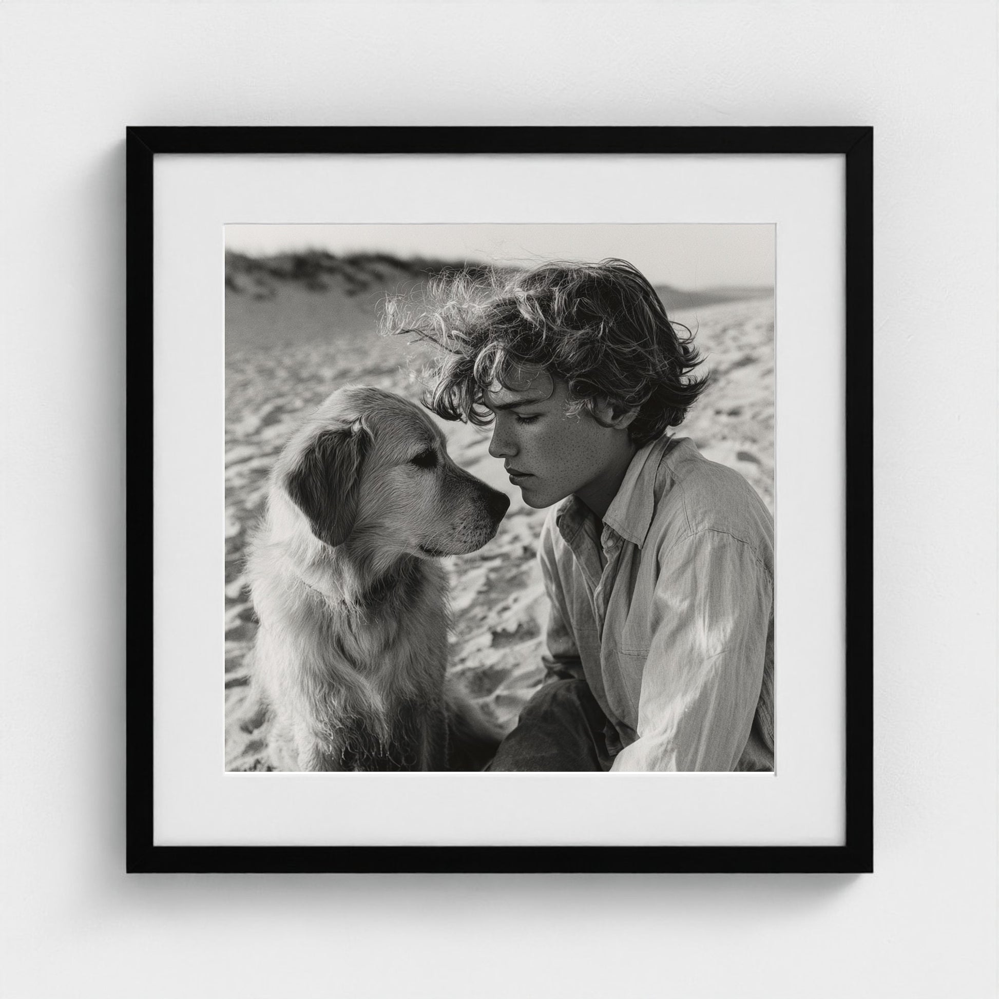 black-and-white-dog-portrait-on-sandy-beach-cine 20x20-black frame frame