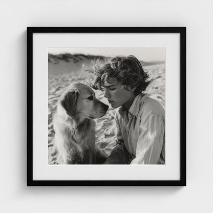 black-and-white-dog-portrait-on-sandy-beach-cine 20x20-black frame frame