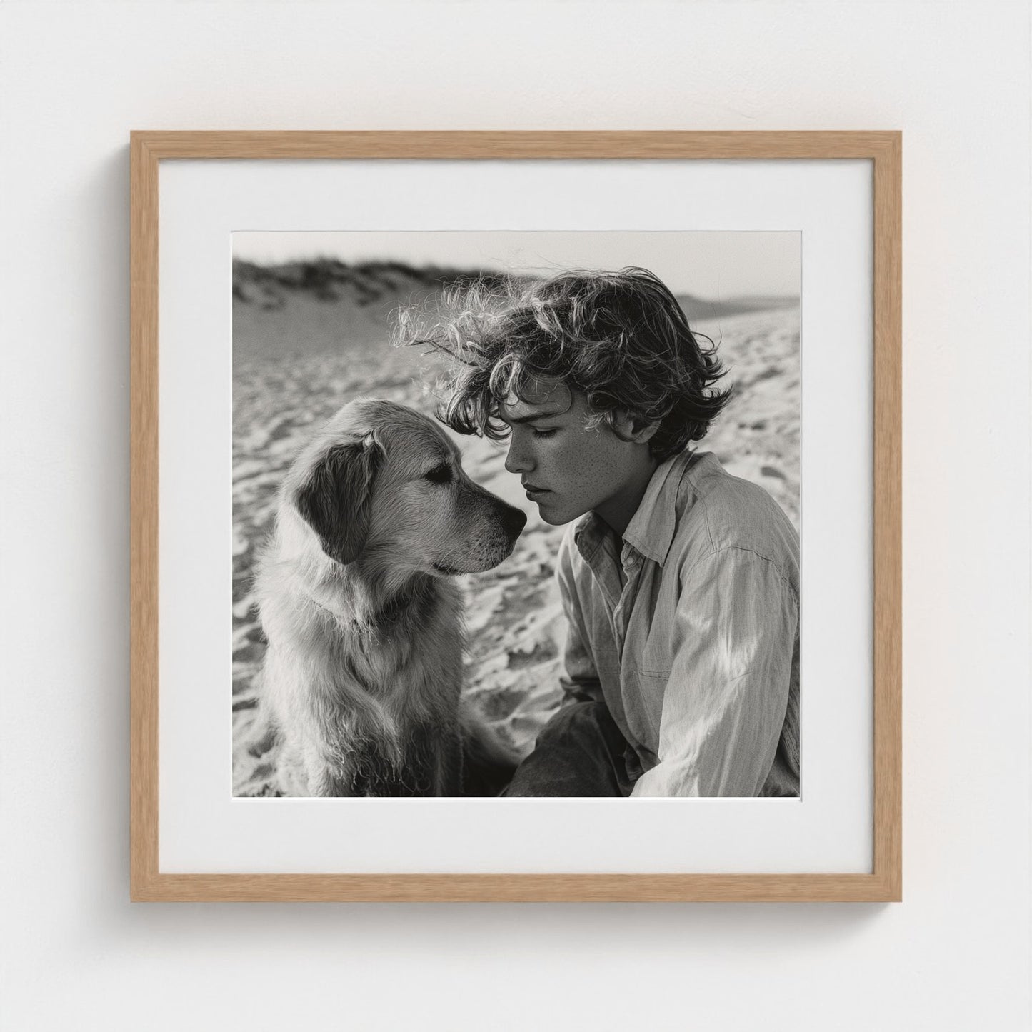 black-and-white-dog-portrait-on-sandy-beach-cine 20x20-natural frame frame