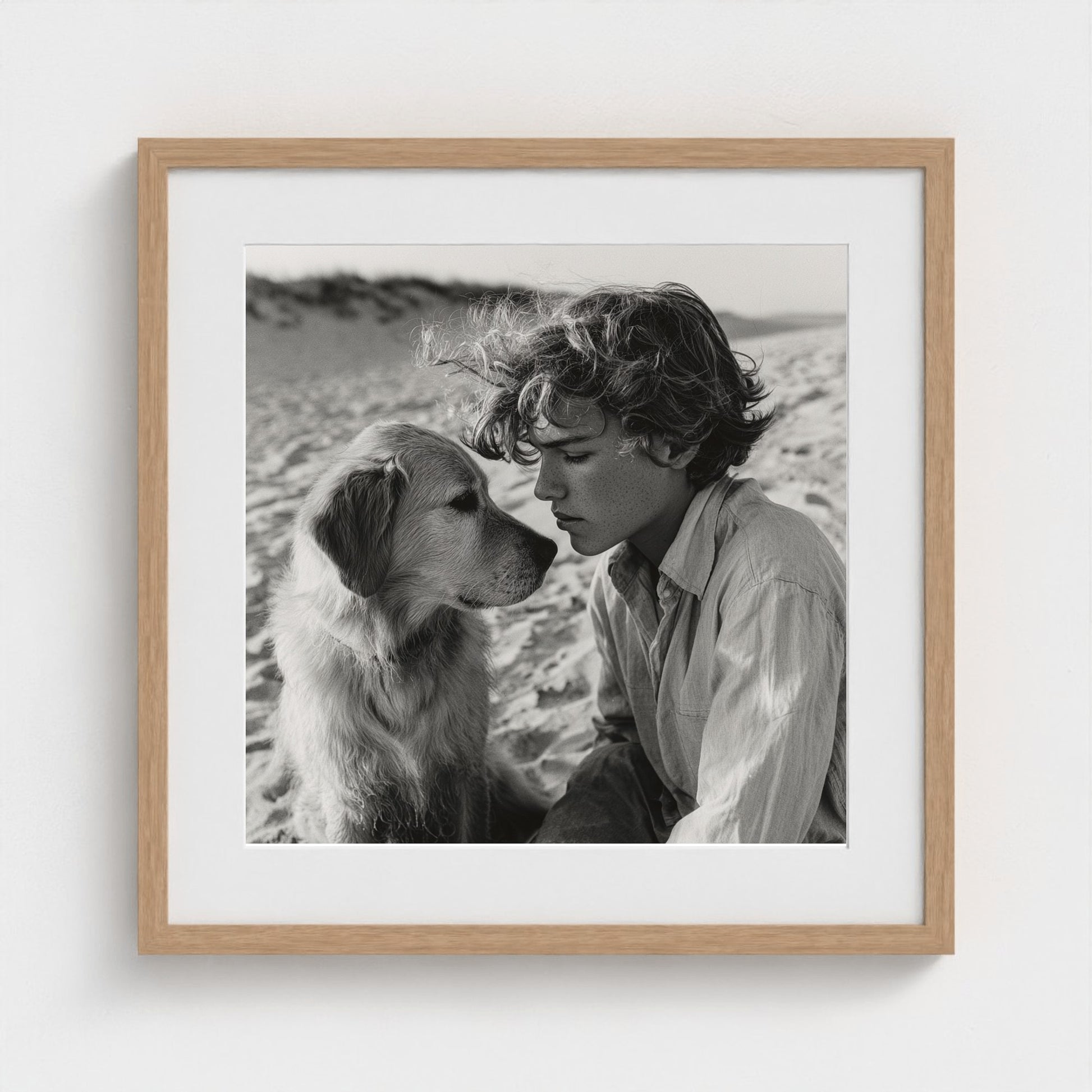 black-and-white-dog-portrait-on-sandy-beach-cine 20x20-natural frame frame