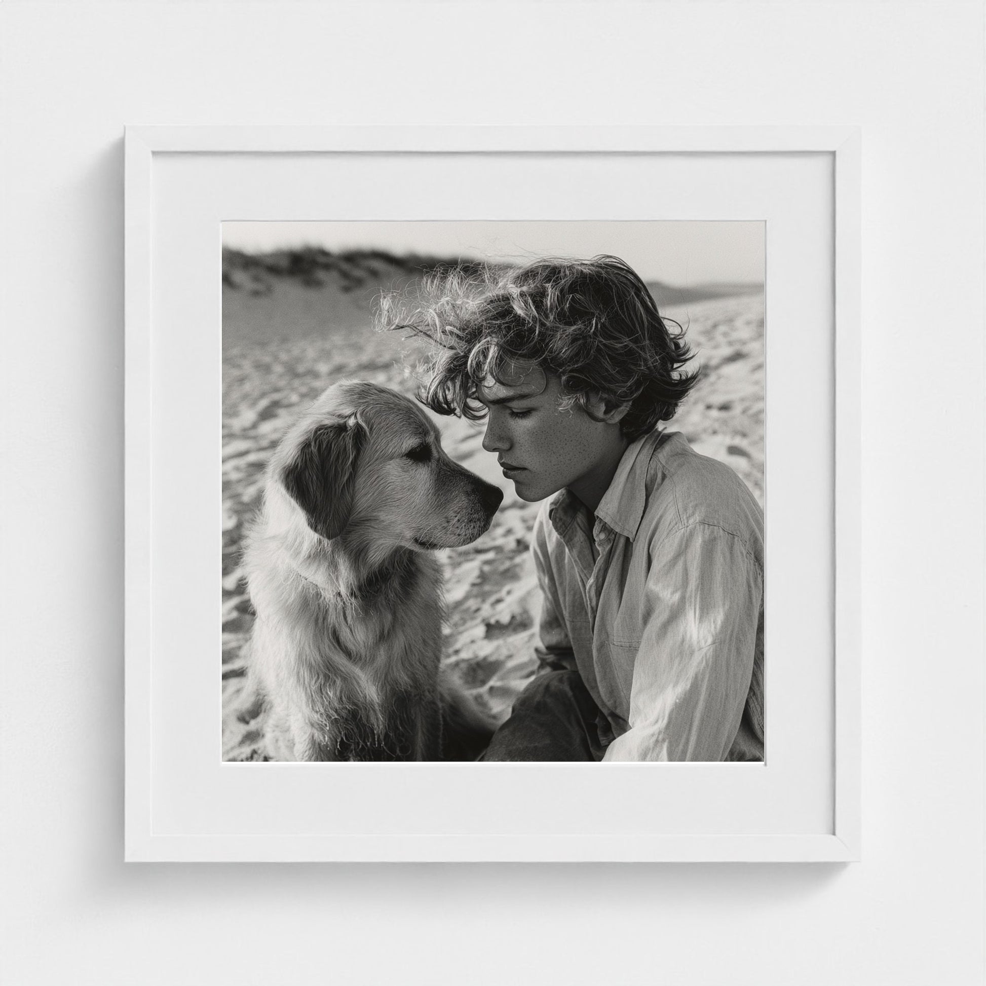 black-and-white-dog-portrait-on-sandy-beach-cine 20x20-white frame frame