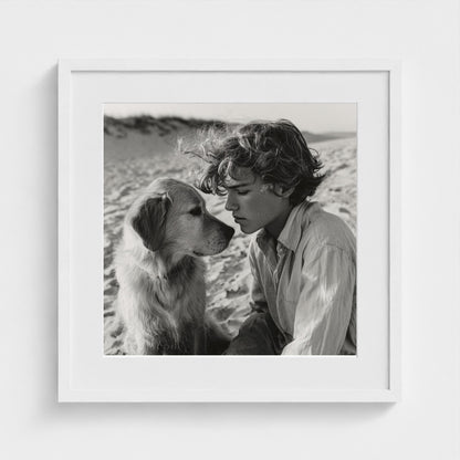 black-and-white-dog-portrait-on-sandy-beach-cine 20x20-white frame frame