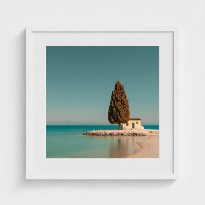 single-italian-cypress-on-a-small-promontory-lak 20x20-white frame frame