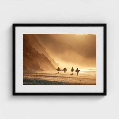 group-of-surfers-walking-across-beach-with-board 24x18-black frame frame