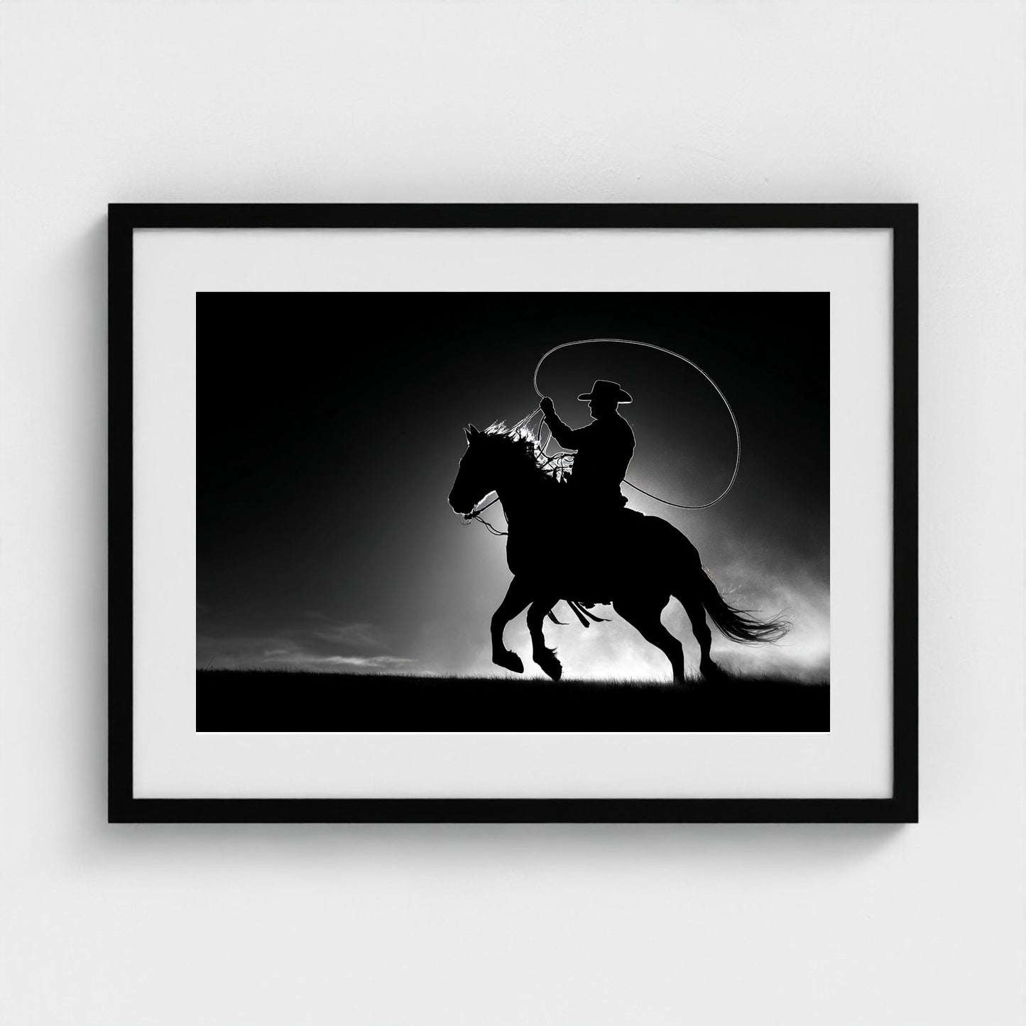 black-and-white-minimalist-realistic-cowboy-lass 24x18-black frame frame
